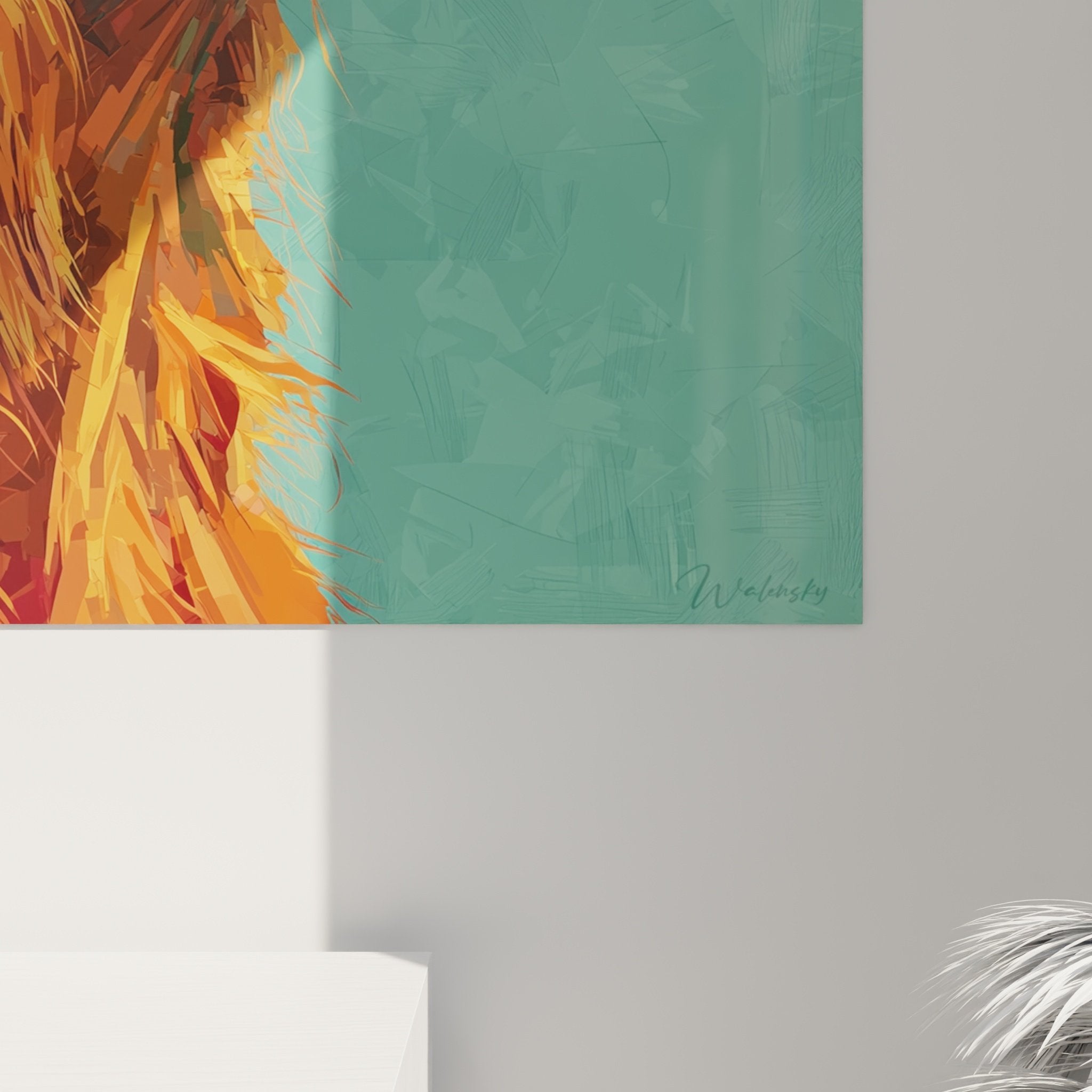 Overview of turquoise and orange dog portrait in an elegant contemporary interior