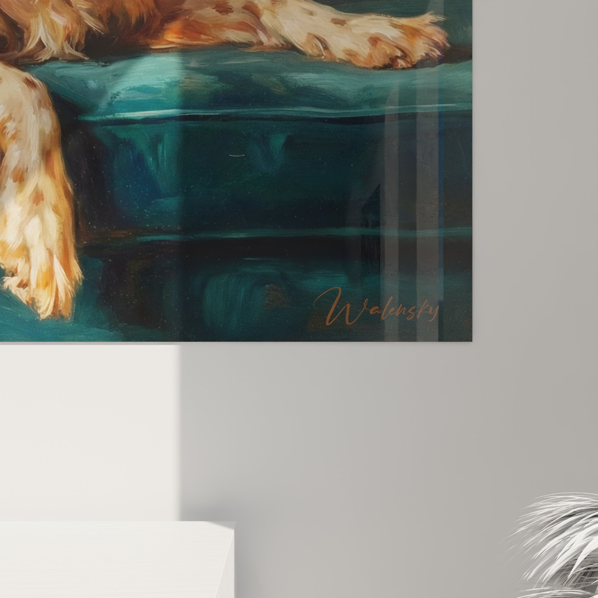 tableau setter anglais salon decoration murale chien roux canape turquoise style contemporain