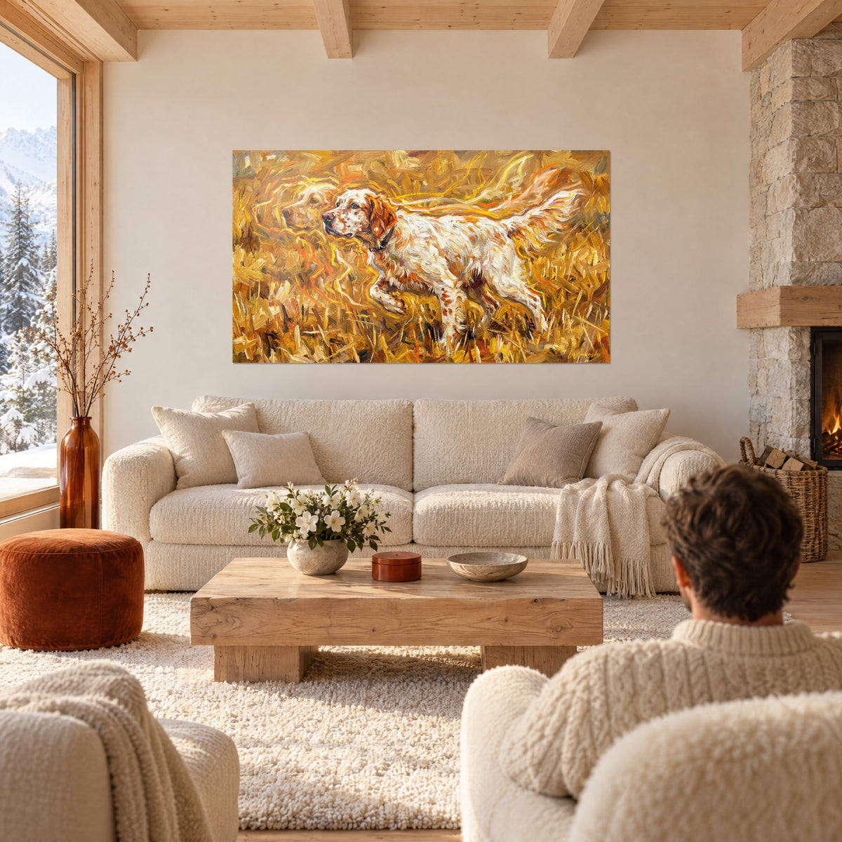 Wall art white and orange ticked English setter pointing in an ochre field, above a sofa in a bright living room