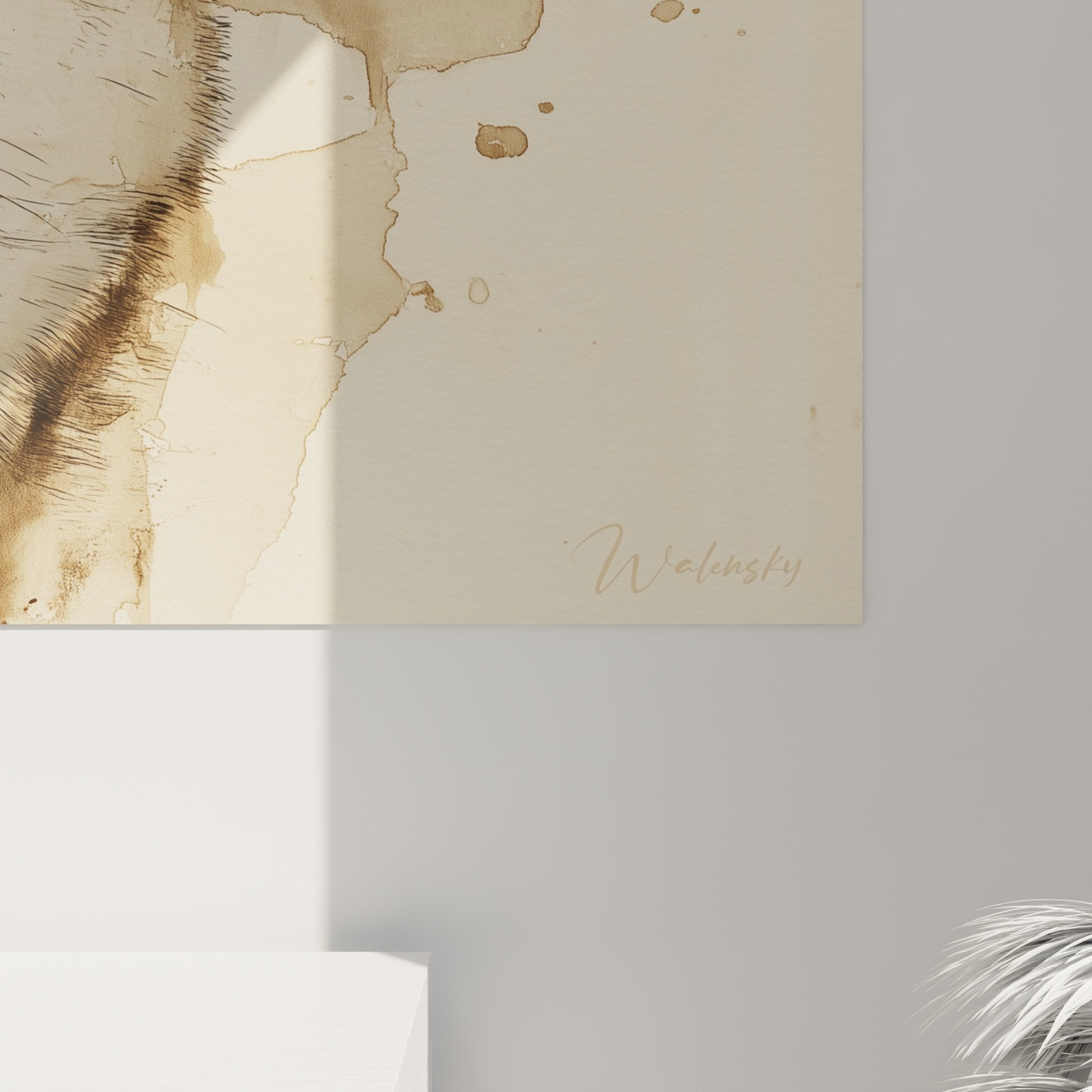 Oeuvre animaliere Shiba Inu tons beiges dans salon moderne decoration murale art canin contemporain