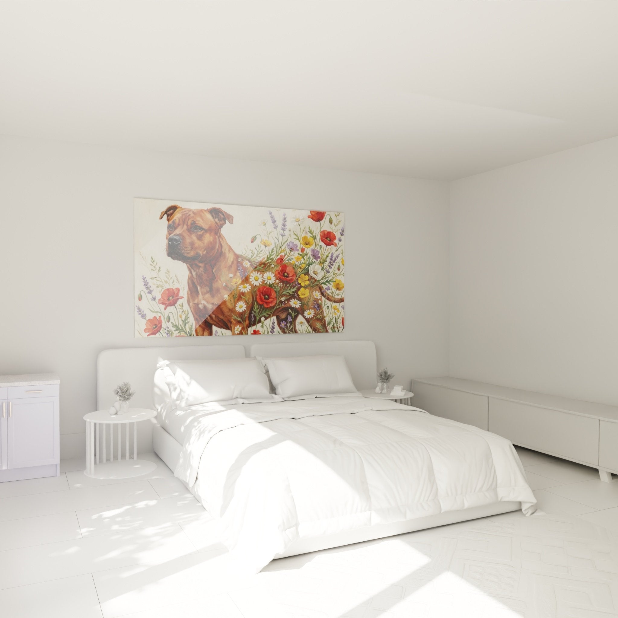 Tableau chien staffordshire fleurs chambre decoration murale art animalier ambiance chaleureuse cosy