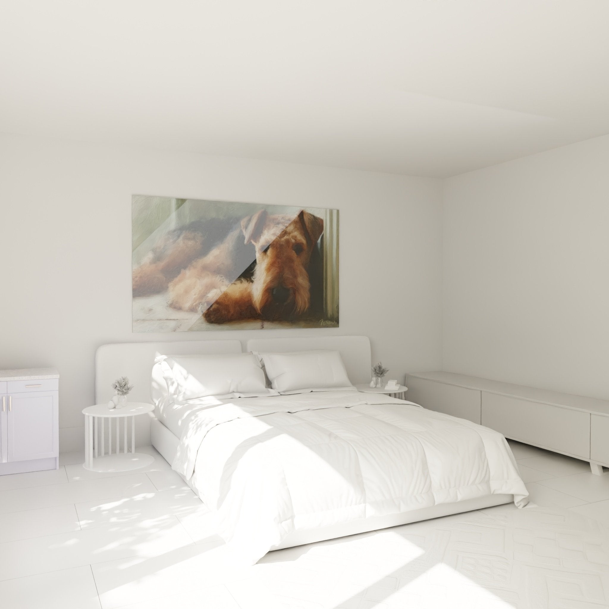 Tableau chien terrier couché chambre décoration murale tons chauds ambiance cosy