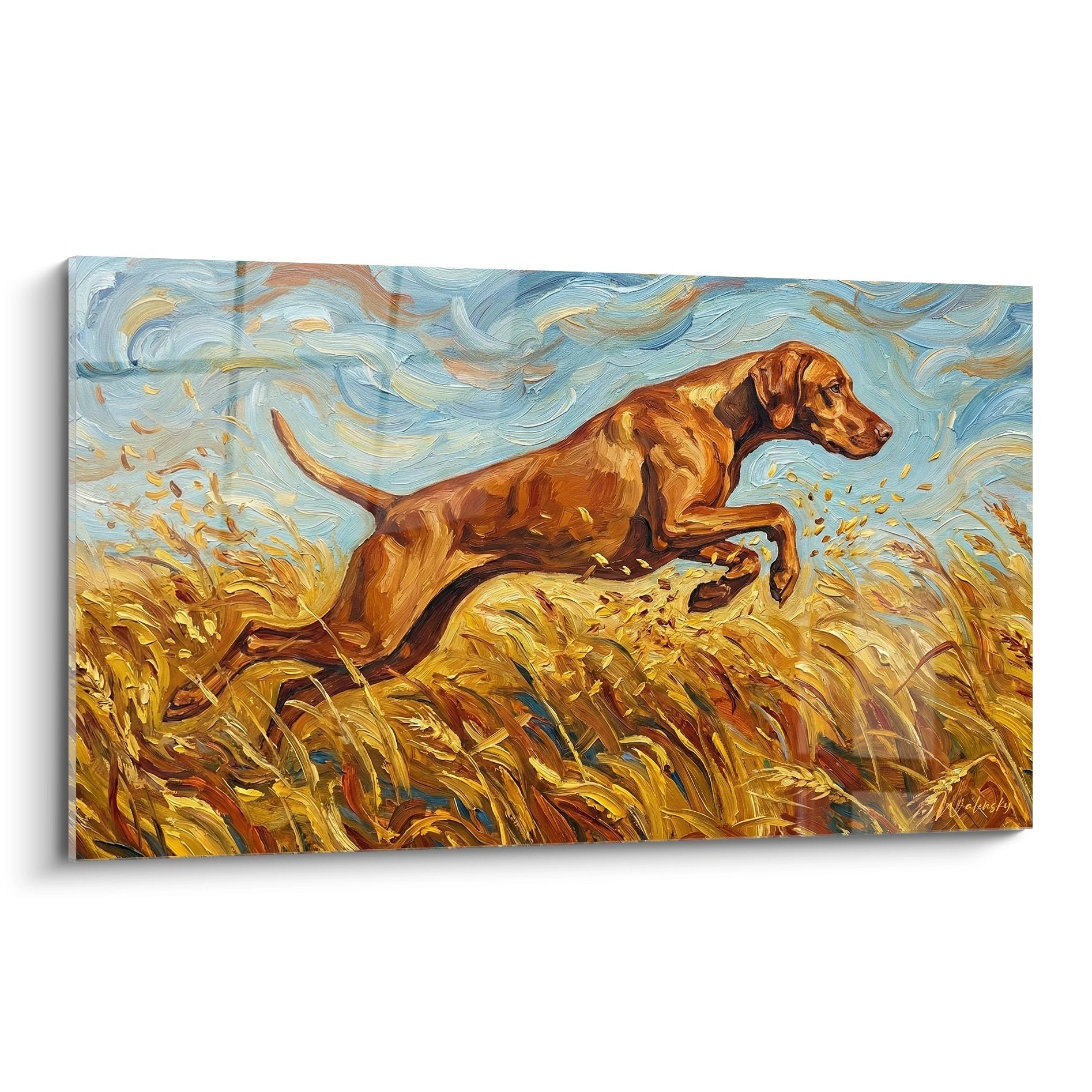 Tableau post-impressionniste chien Vizsla sautant dans champ de blé doré ciel tourbillonnant bleu