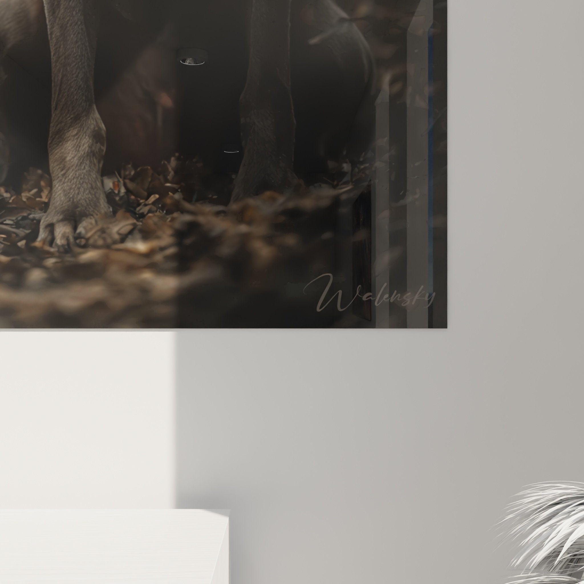 Vue d'ensemble tableau chien Weimaraner dans salon contemporain