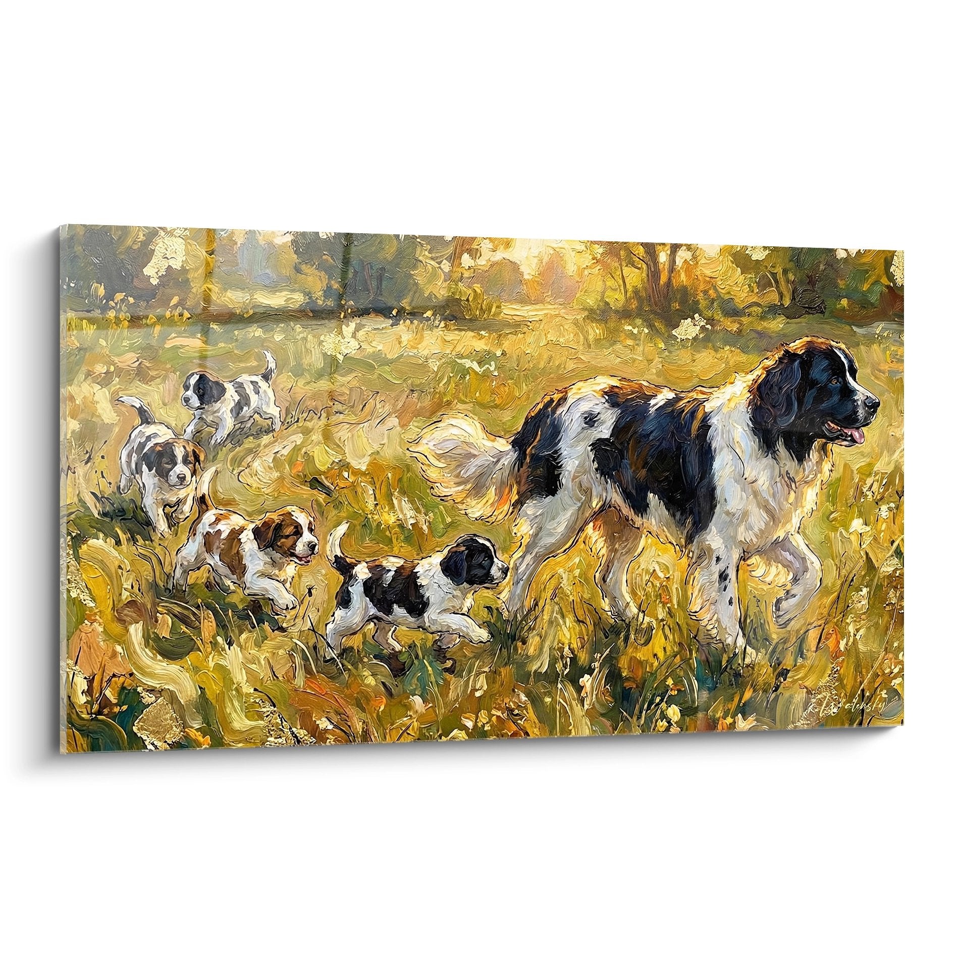 Landseer Newfoundland dogs and puppies painting in golden autumn meadow expressionist style wall art