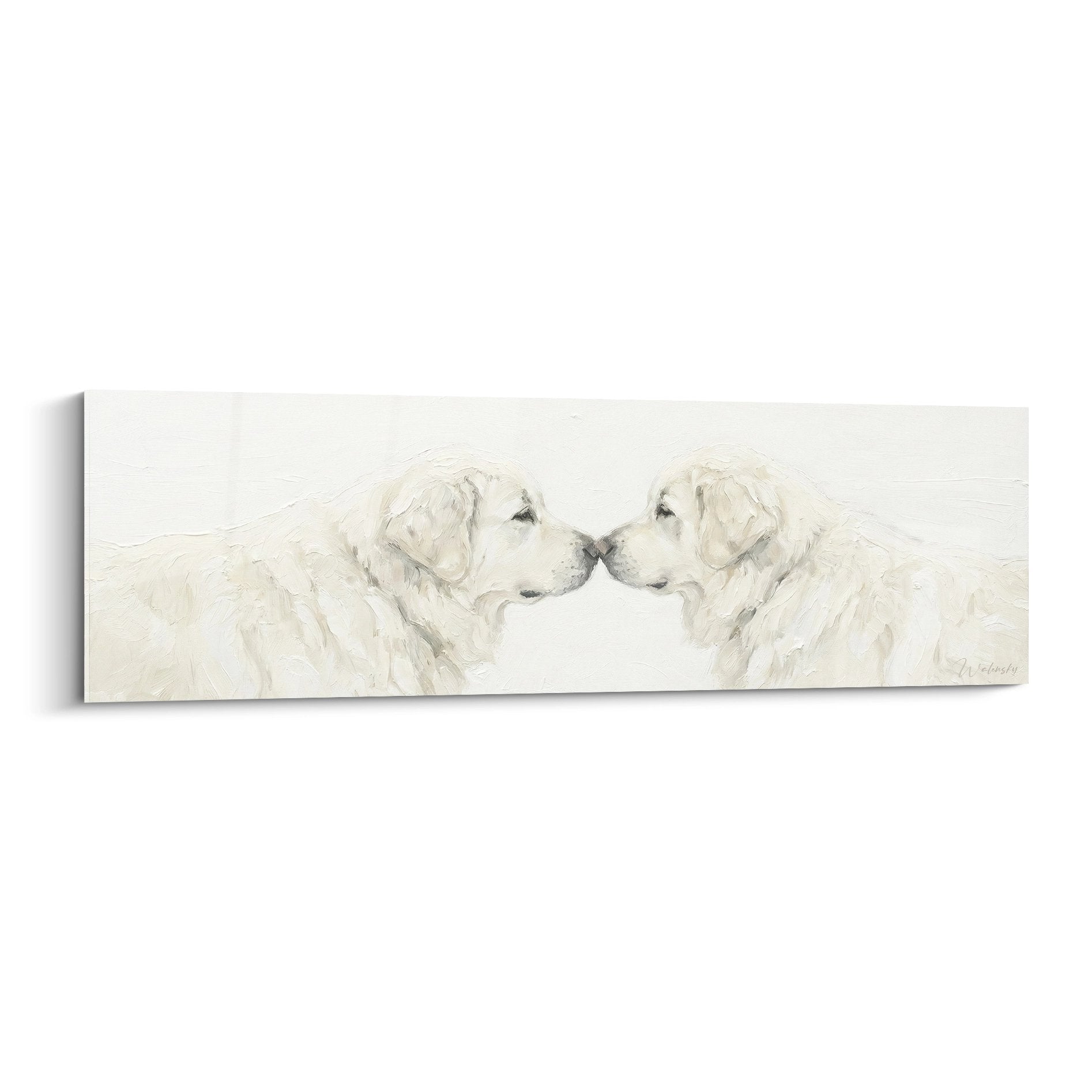 Tableau aquarelle deux chiens Leonberg blancs museau contre museau tendresse canine