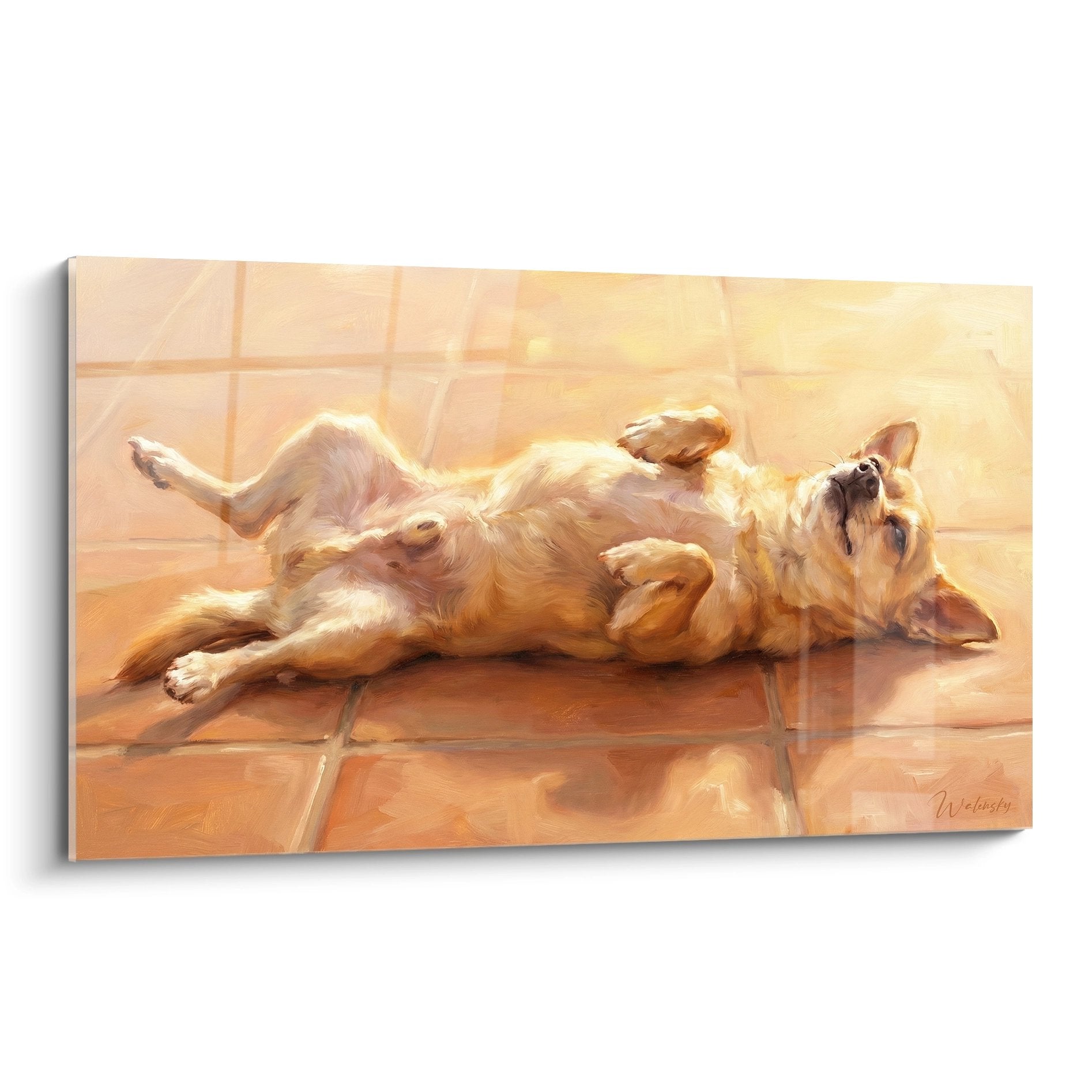 Tableau chihuahua allongé sur carrelage chaud dans lumière dorée, peinture artistique tons beiges et ocre