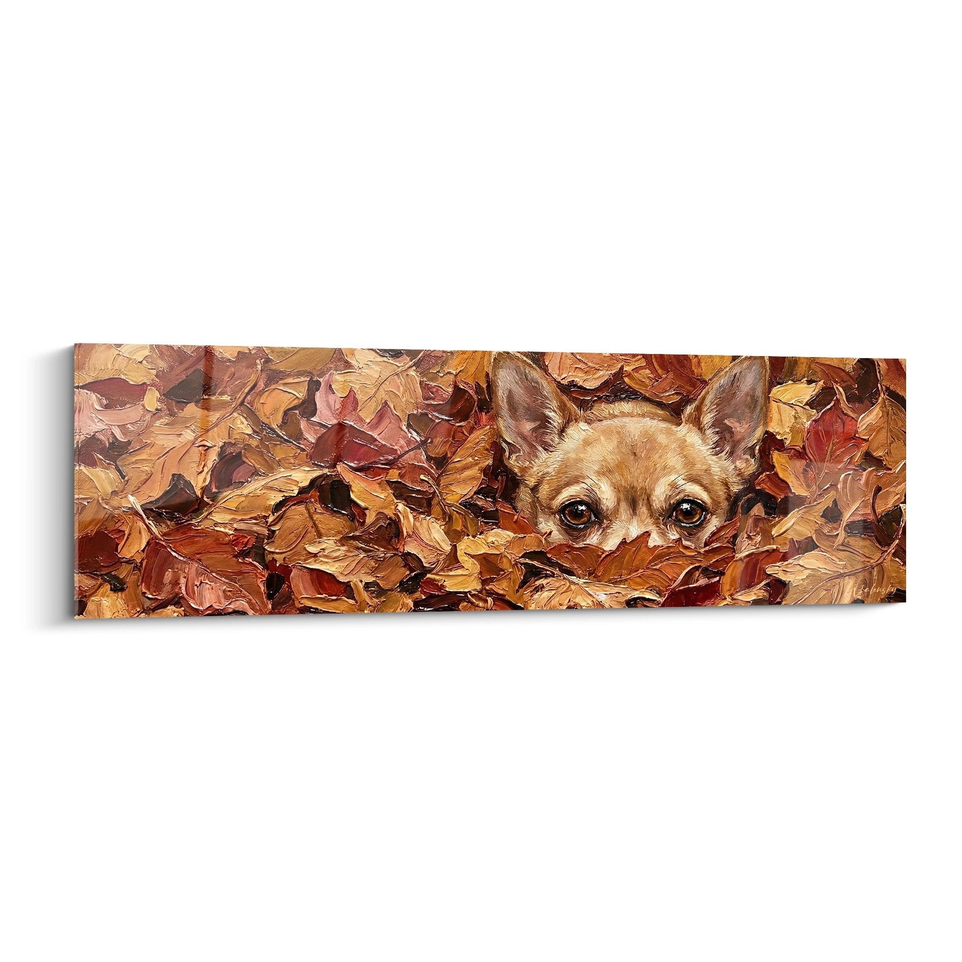 tableau chihuahua blond cache dans feuilles automne tons cuivre dore regard tendre yeux expressifs peinture empate