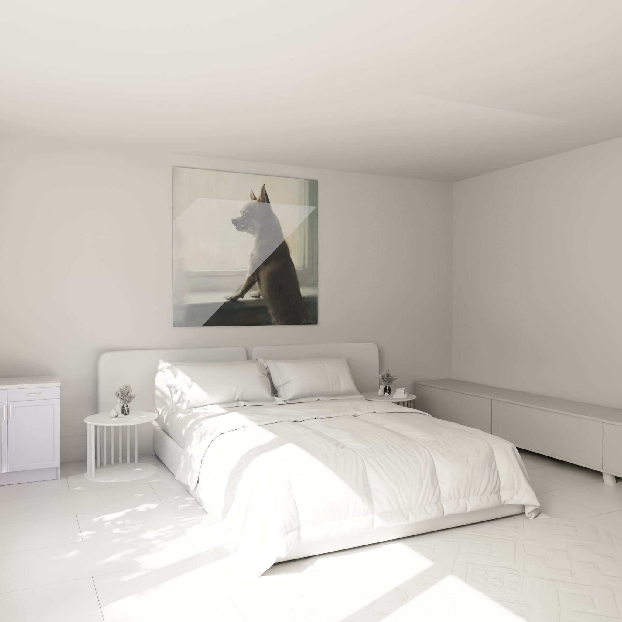 tableau chihuahua chambre decoration murale portrait chien tons beiges ambiance douce luminosite naturelle