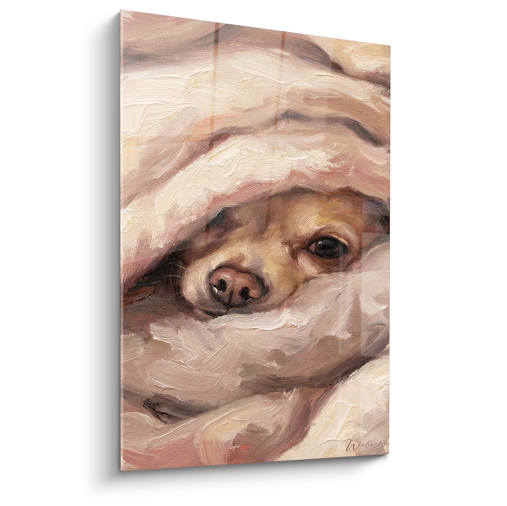 Chihuahua-Gemälde kuschelig in rosa und beigen Decken, realistische Malerei im Cocooning-Stil