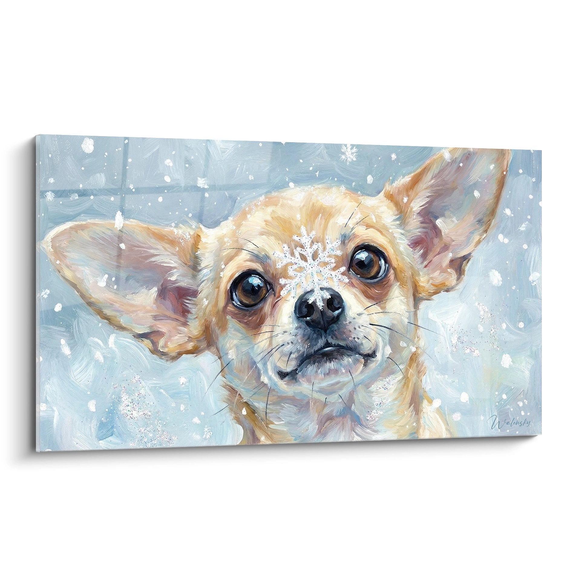 Tableau portrait chihuahua creme yeux bleus flocons neige fond bleu glacier peinture artistique emotion
