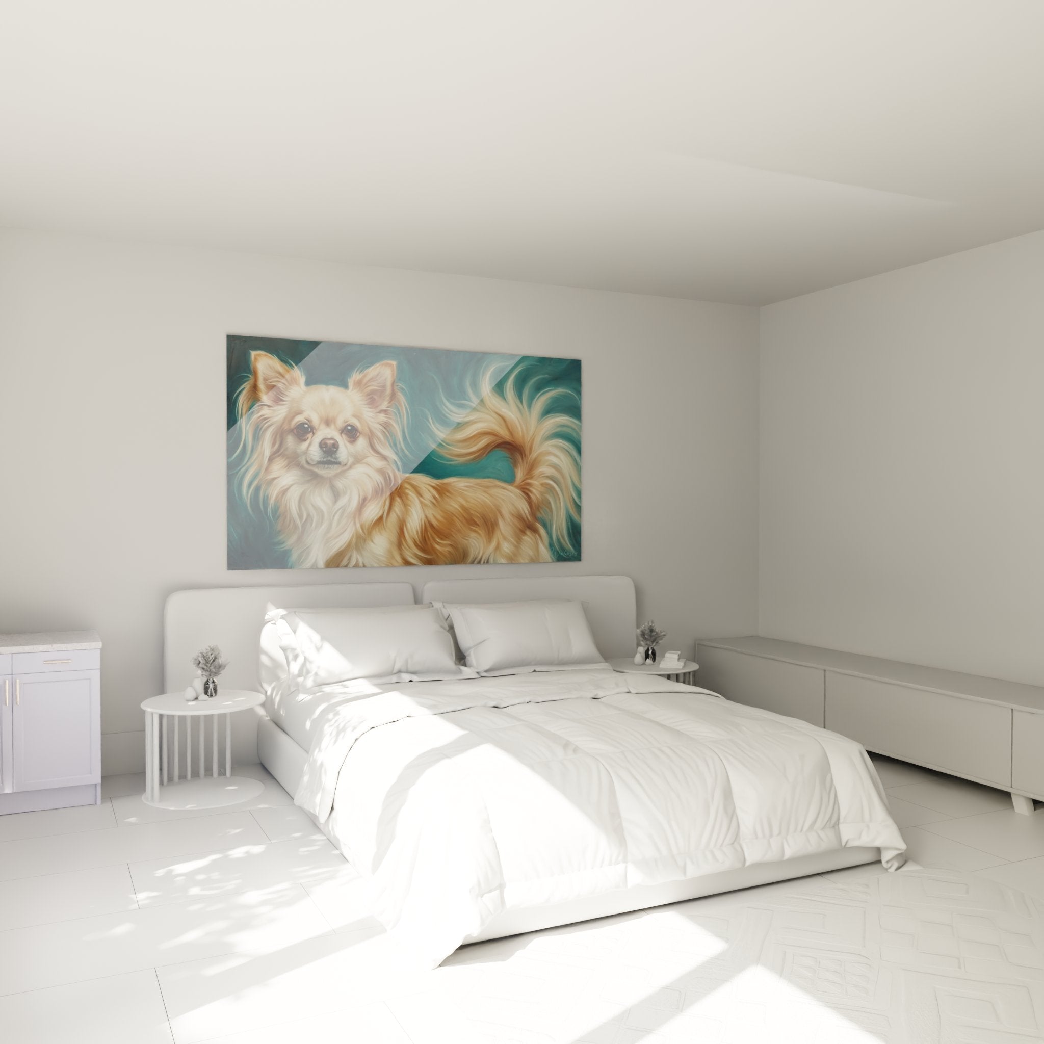 Tableau chihuahua doré dans chambre moderne, décoration murale art canin élégant