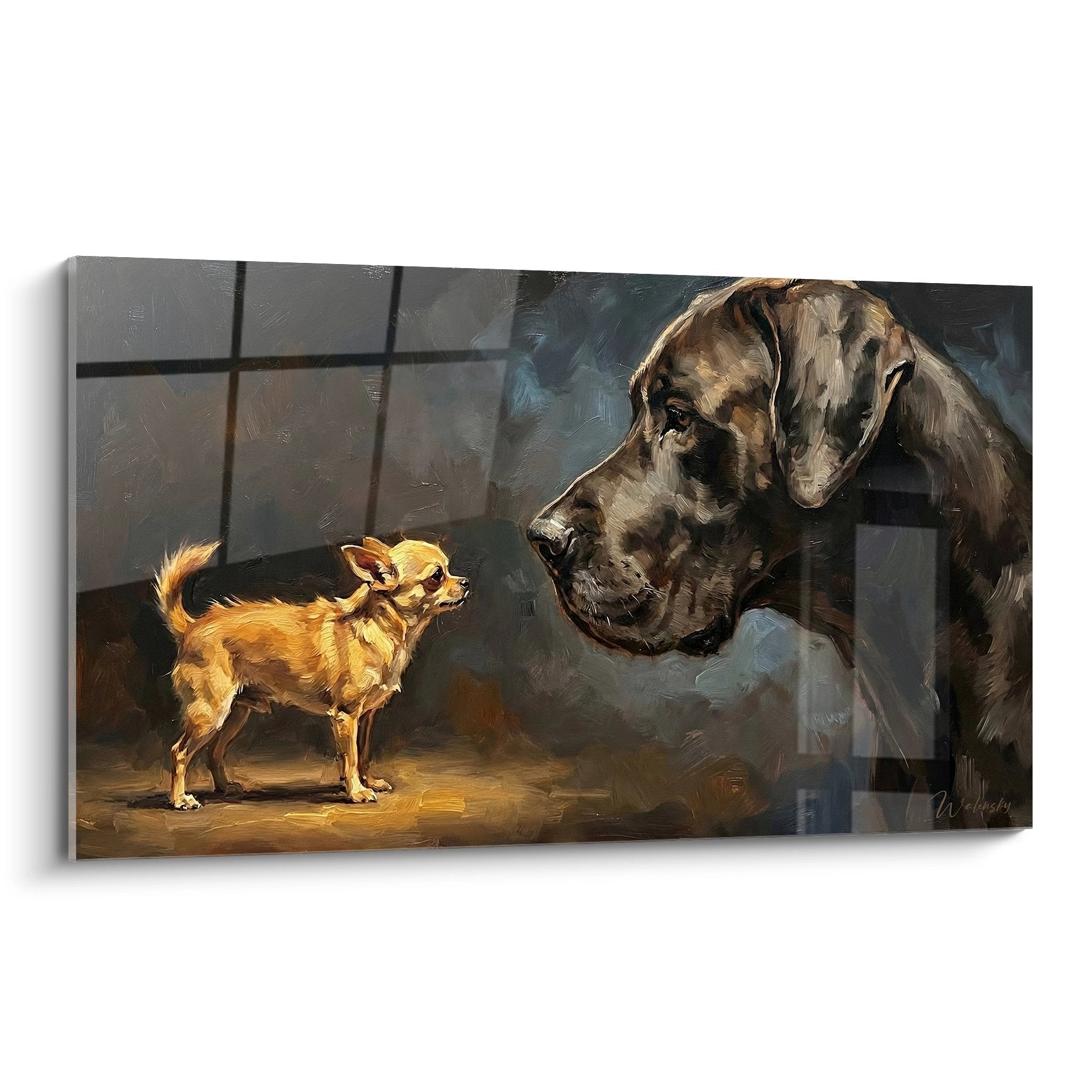 Tableau chihuahua dore face mastiff gris scene touchante rencontre interieur lumiere chaude tons terreux