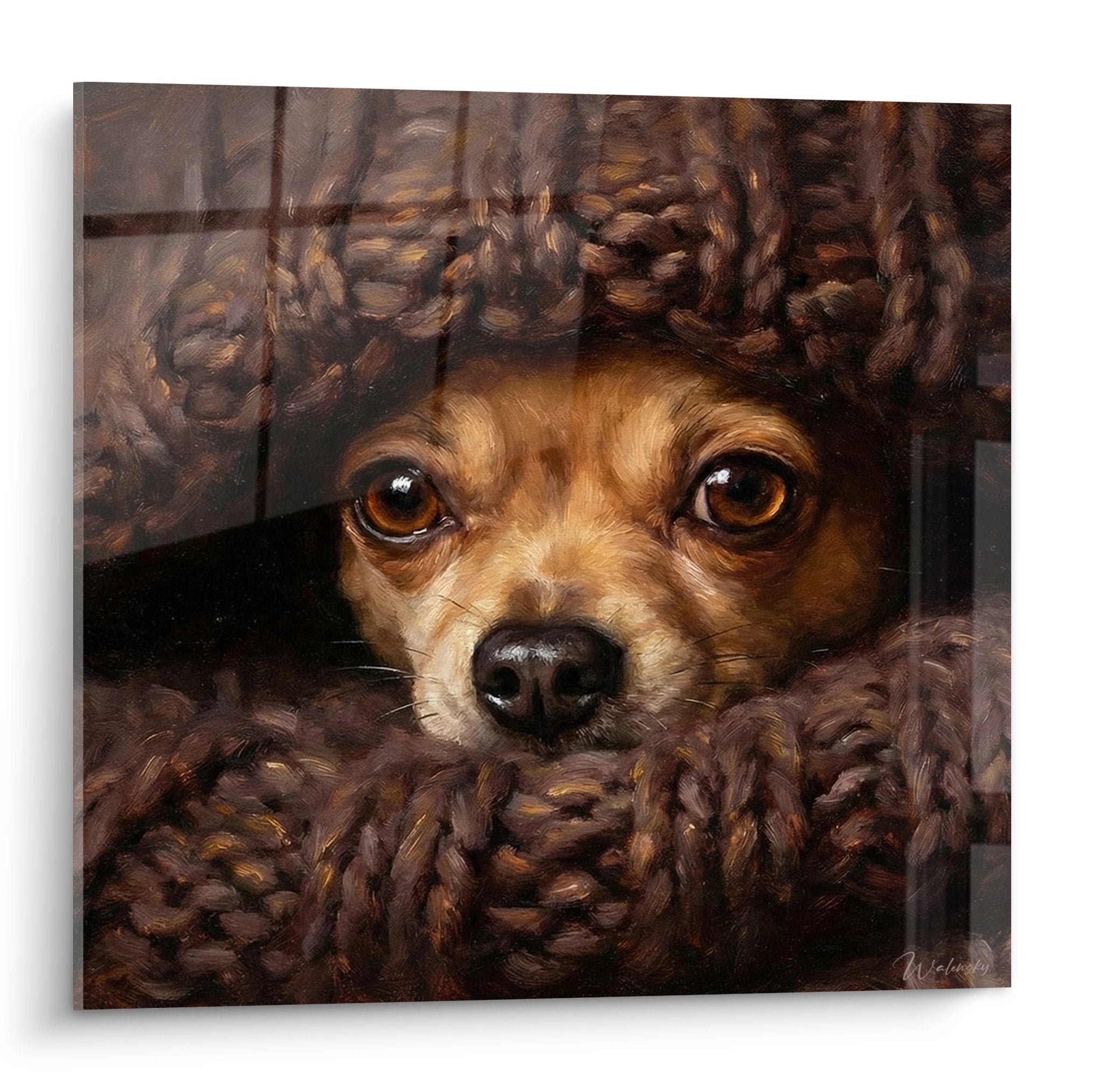 Tableau chihuahua emmitouflé couverture tricotée brune yeux expressifs pelage doré art mural tendre