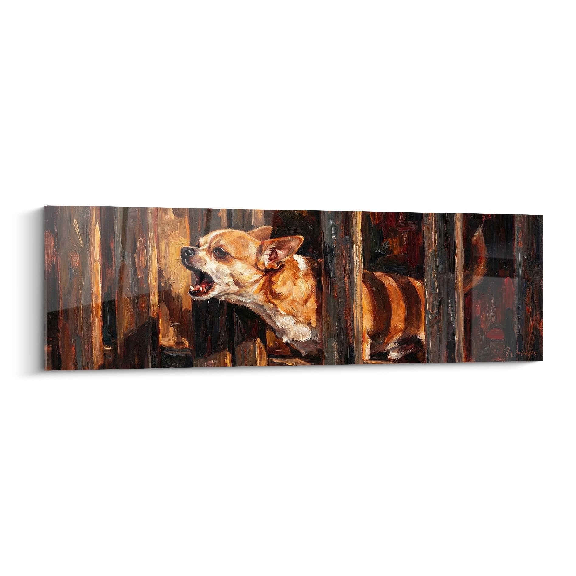 Tableau peinture chihuahua fauve derriere barrieres bois style rustique tons orange cuivre