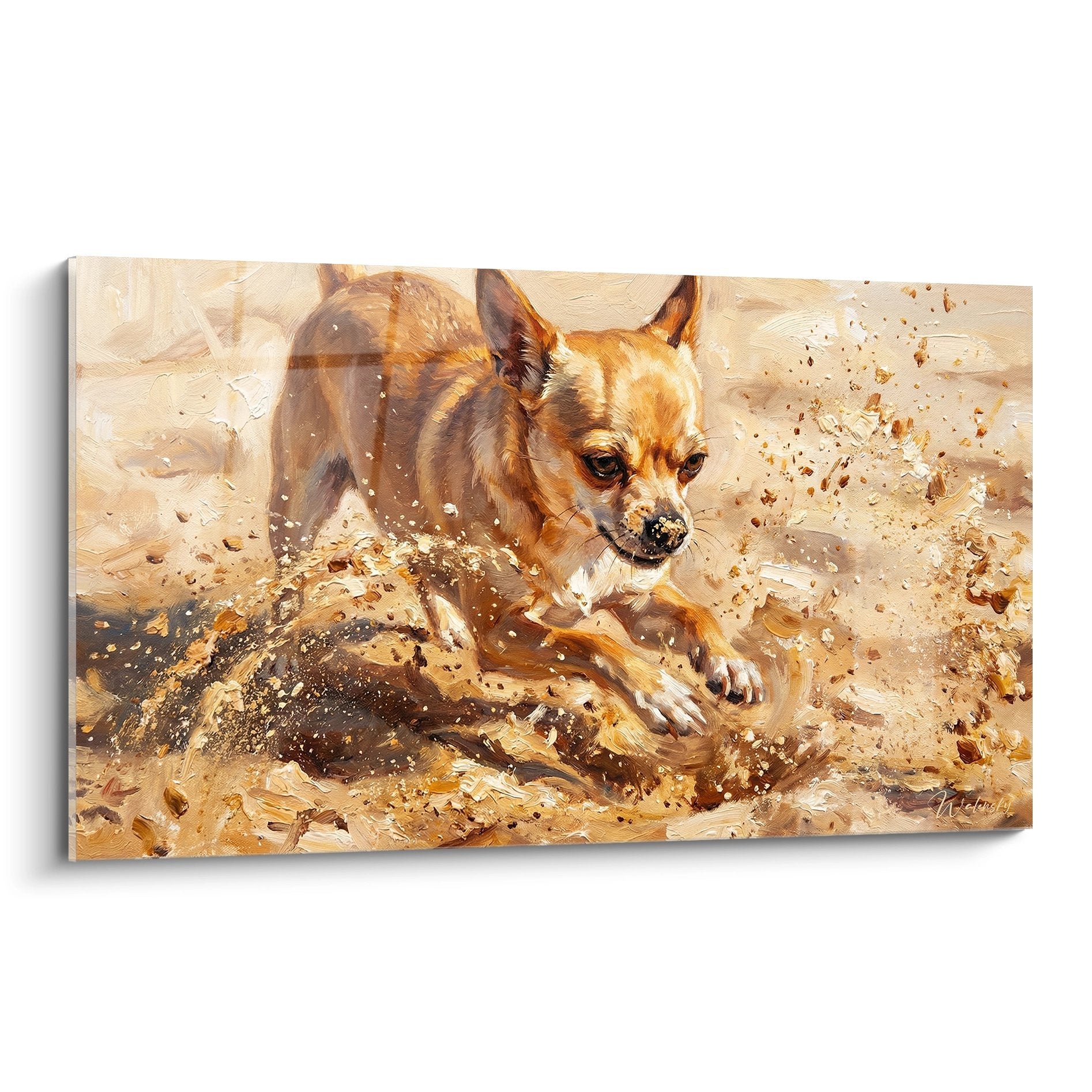 Tableau chihuahua fauve courant dans l'eau avec éclaboussures, tons dorés et beiges, art canin dynamique