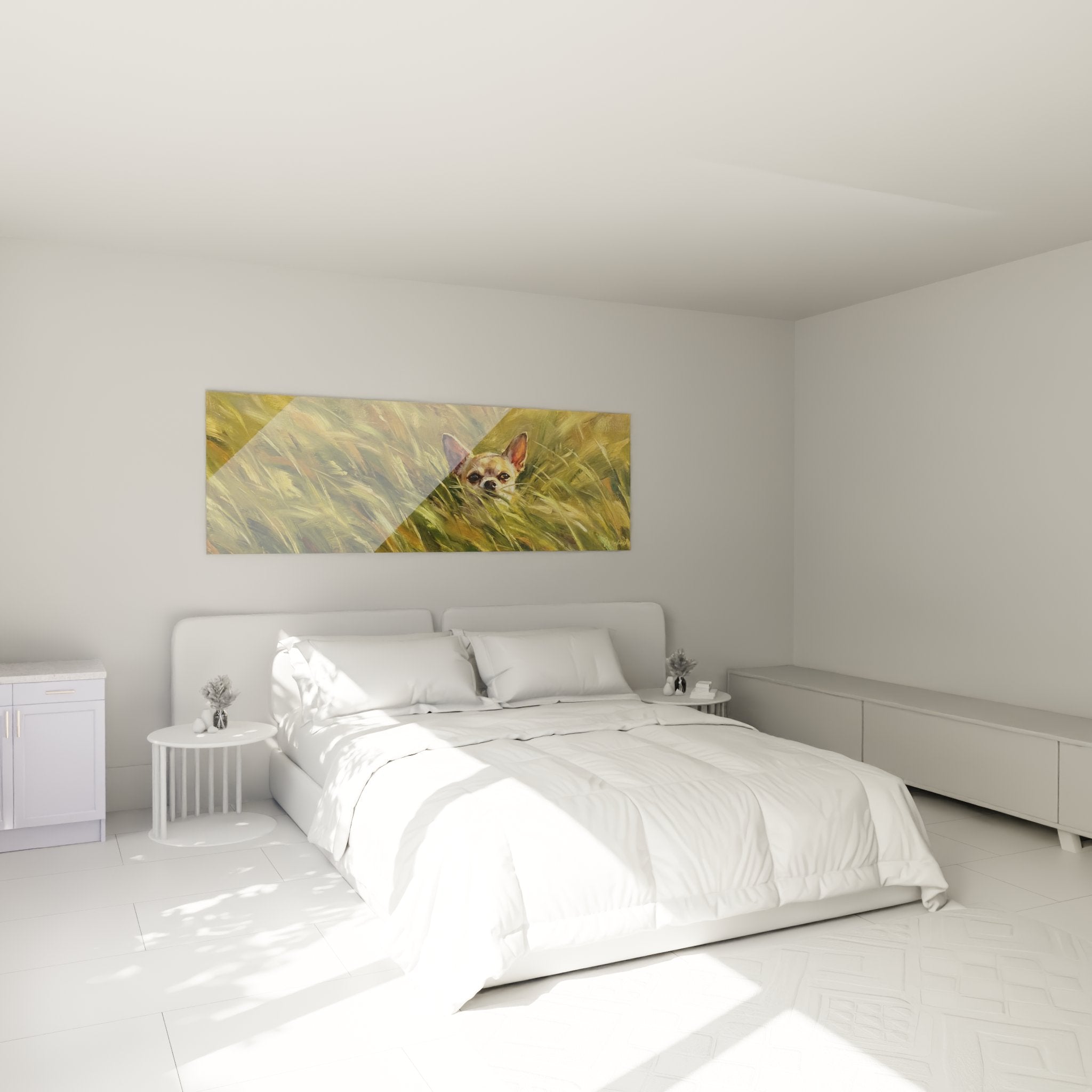tableau chihuahua herbes dorees dans chambre decoration murale tons chauds