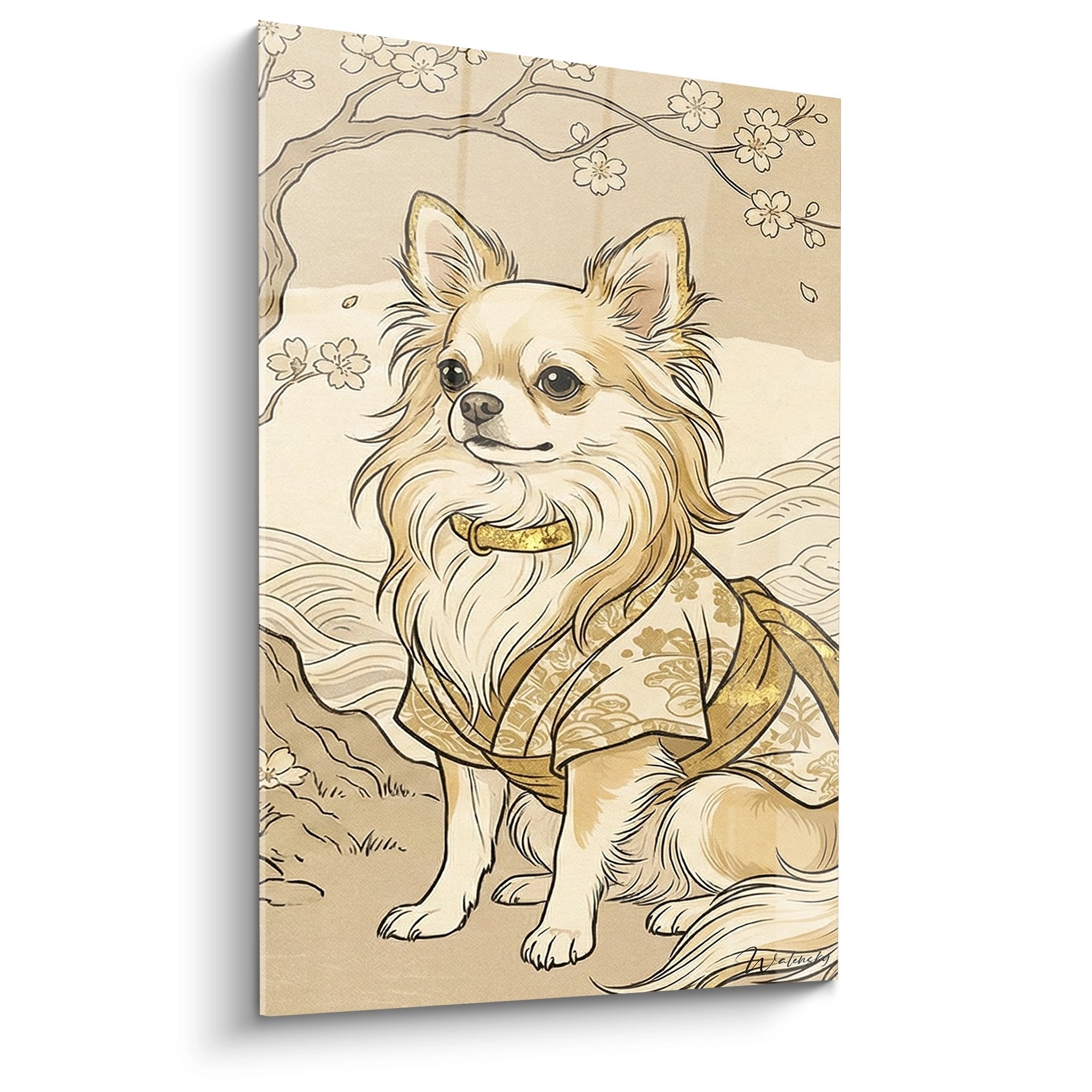 Tableau chihuahua en kimono dore branches cerisier fleurs style japonais tons beiges