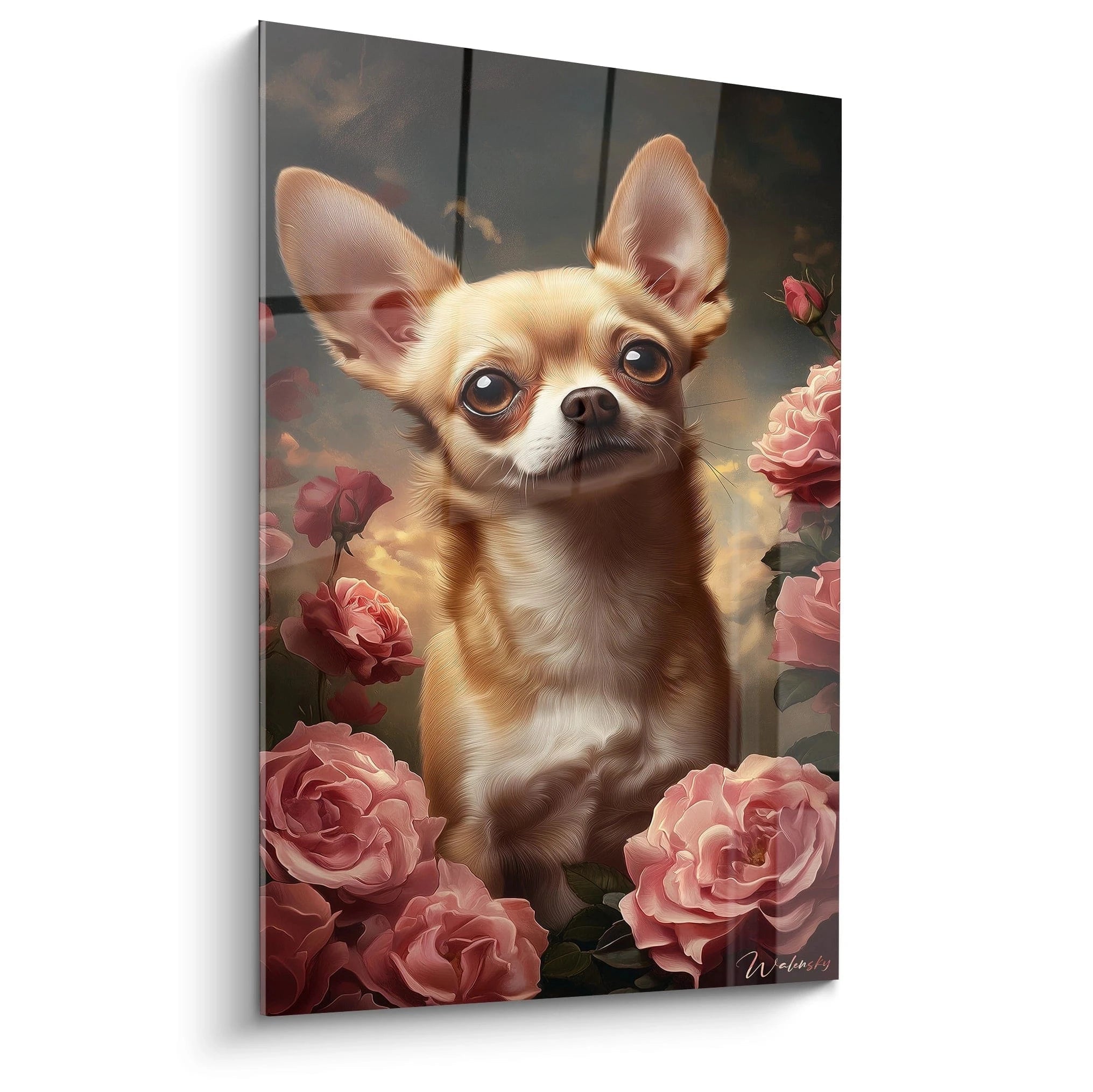 Un tableau Chihuahua au pelage beige doré, posant fièrement au centre, entouré de roses roses délicates. Détails fins des poils, yeux expressifs bruns et grandes oreilles dressées caractéristiques sur fond sombre texturé.