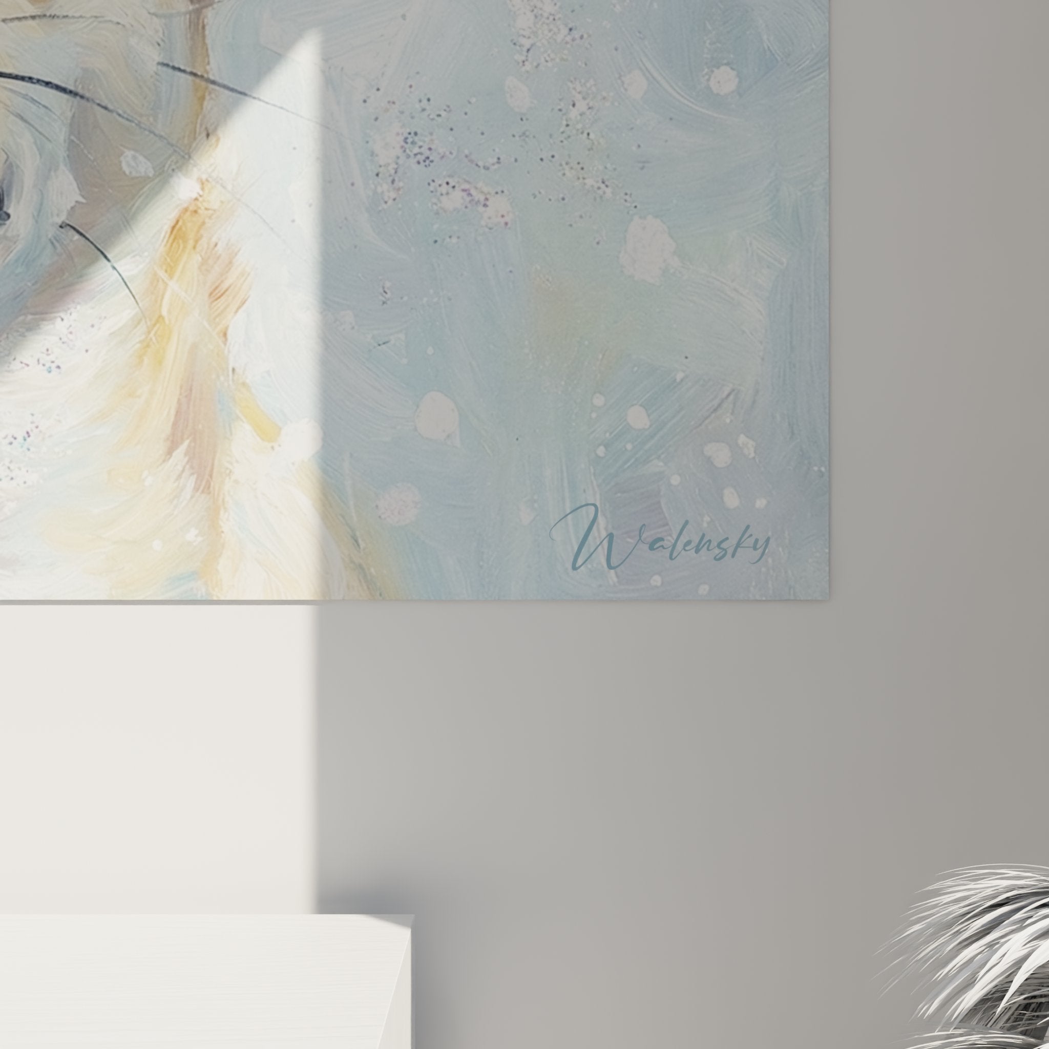 Vue ensemble tableau chihuahua neige decoration interieur style scandinave douceur palette bleue creme