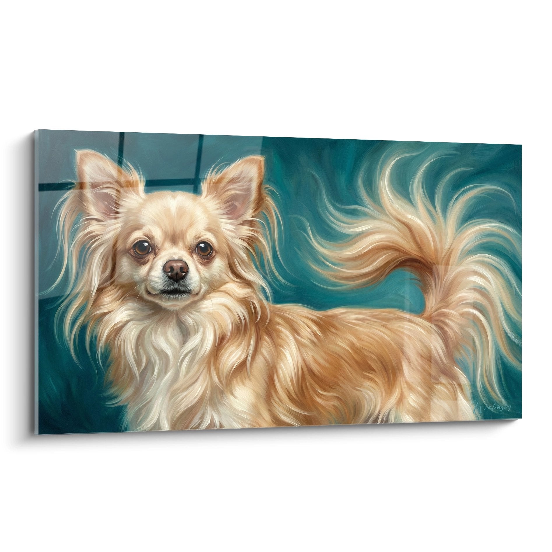 Tableau chihuahua poils longs dorés flottants sur fond turquoise, portrait canin artistique