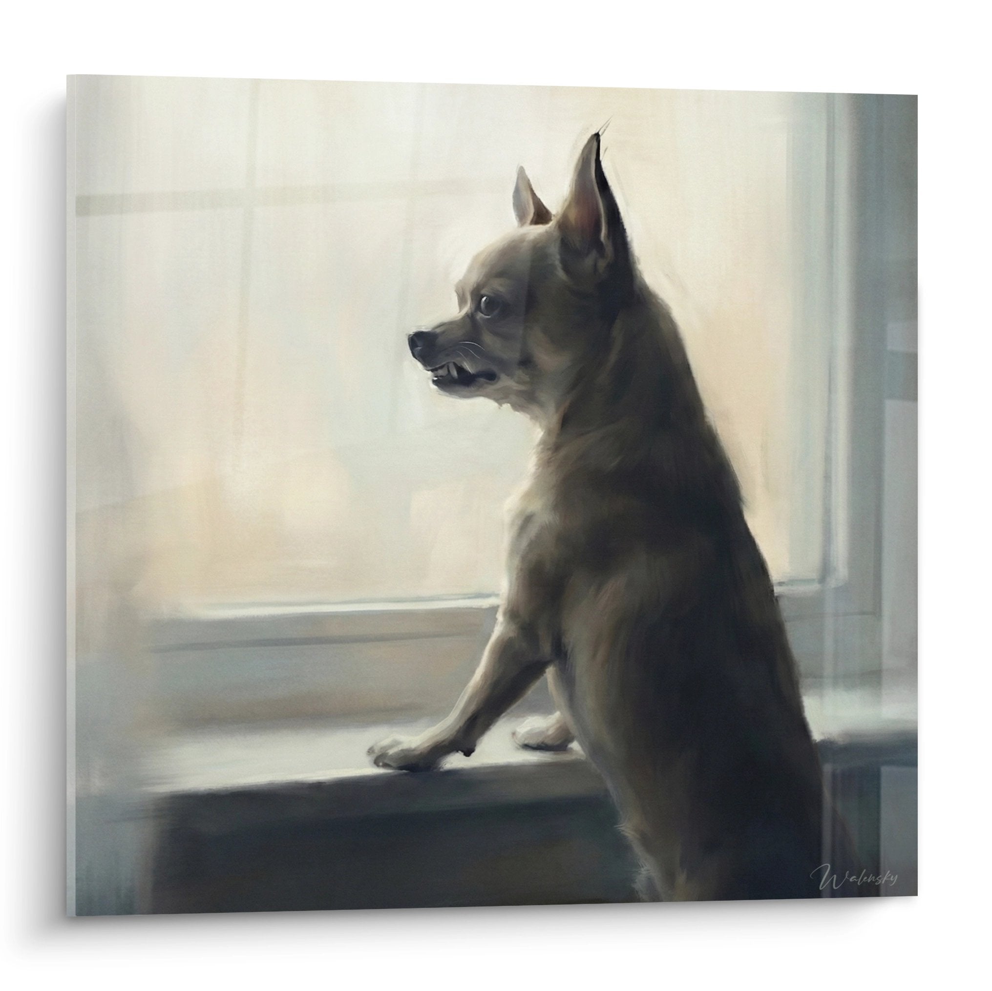 tableau chihuahua beige profil assis rebord fenetre lumiere naturelle douce peinture realiste portrait animalier