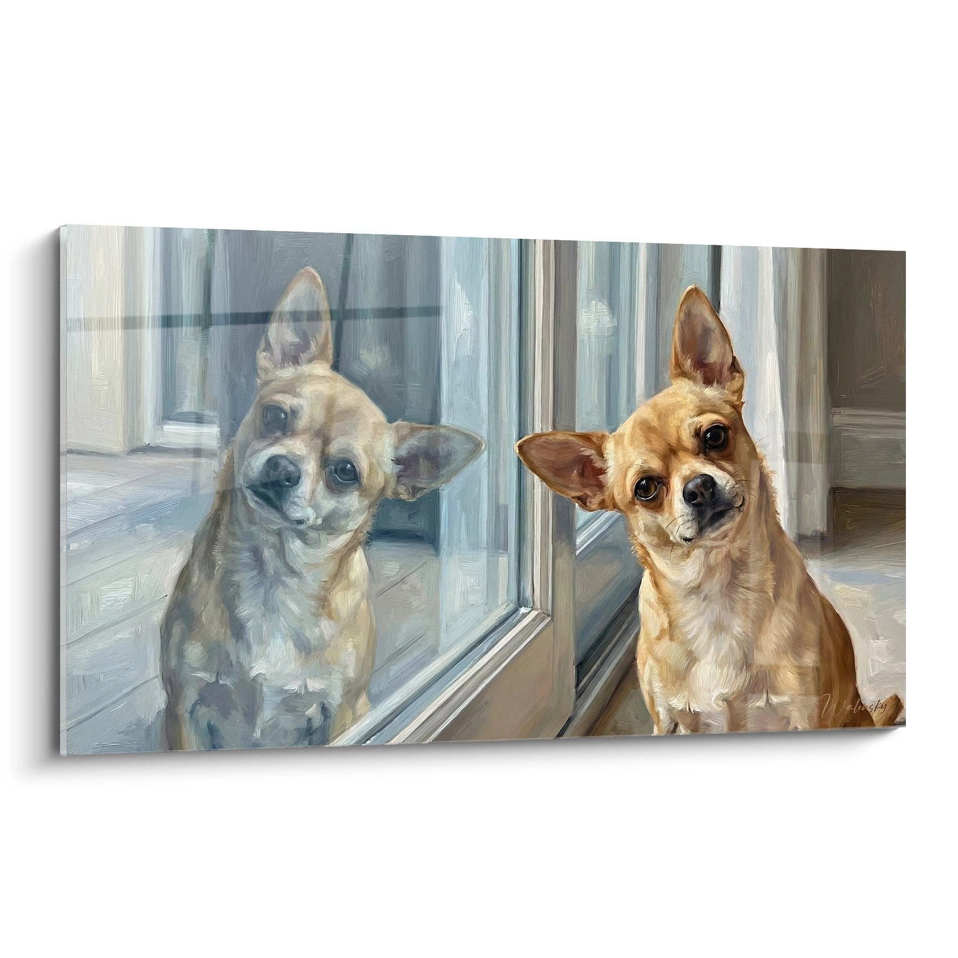 Tableau chihuahua beige et crème regardant tendrement a travers une vitre avec effet de reflet