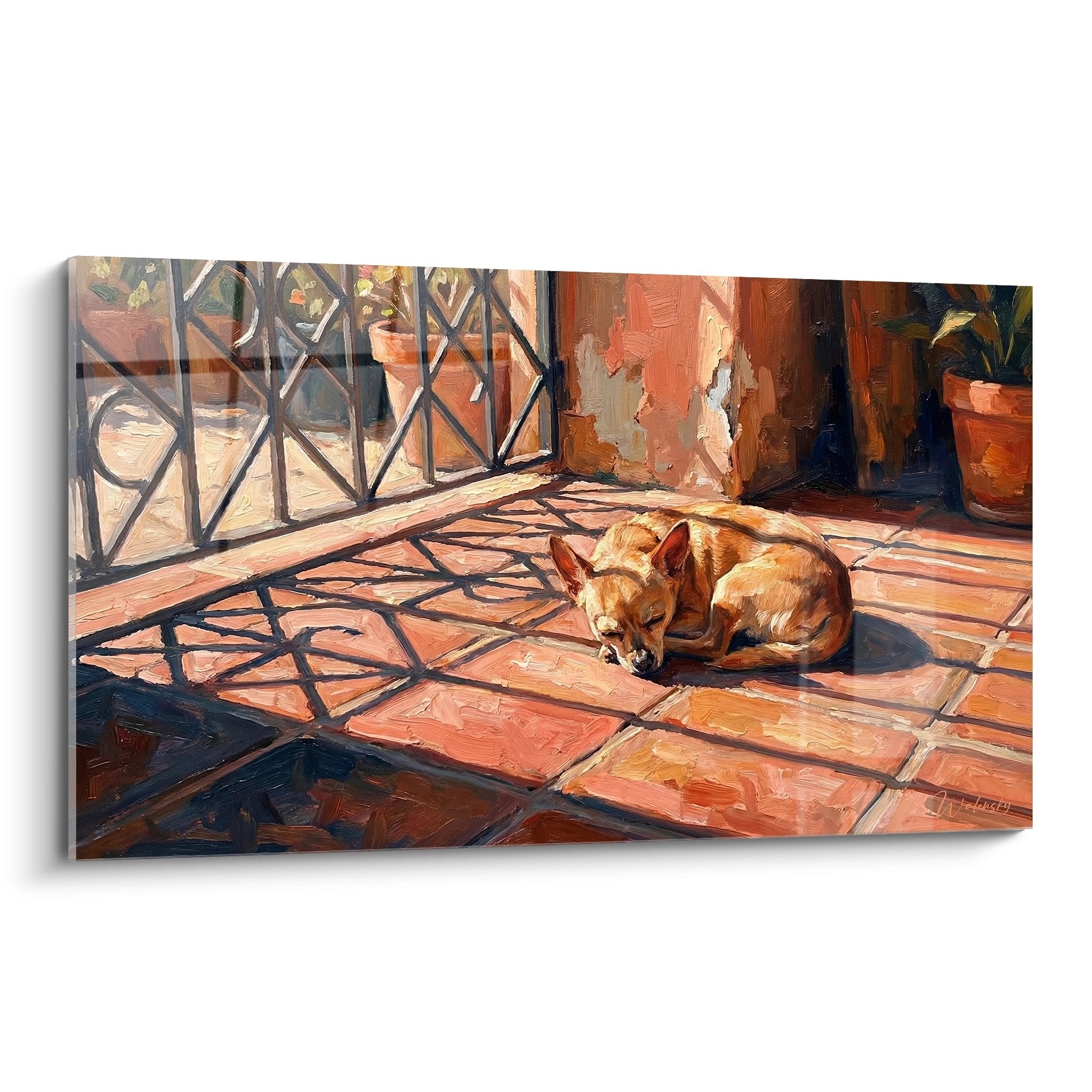 Tableau chihuahua roux endormi sur carrelage terracotta avec ombres geometriques fer forge