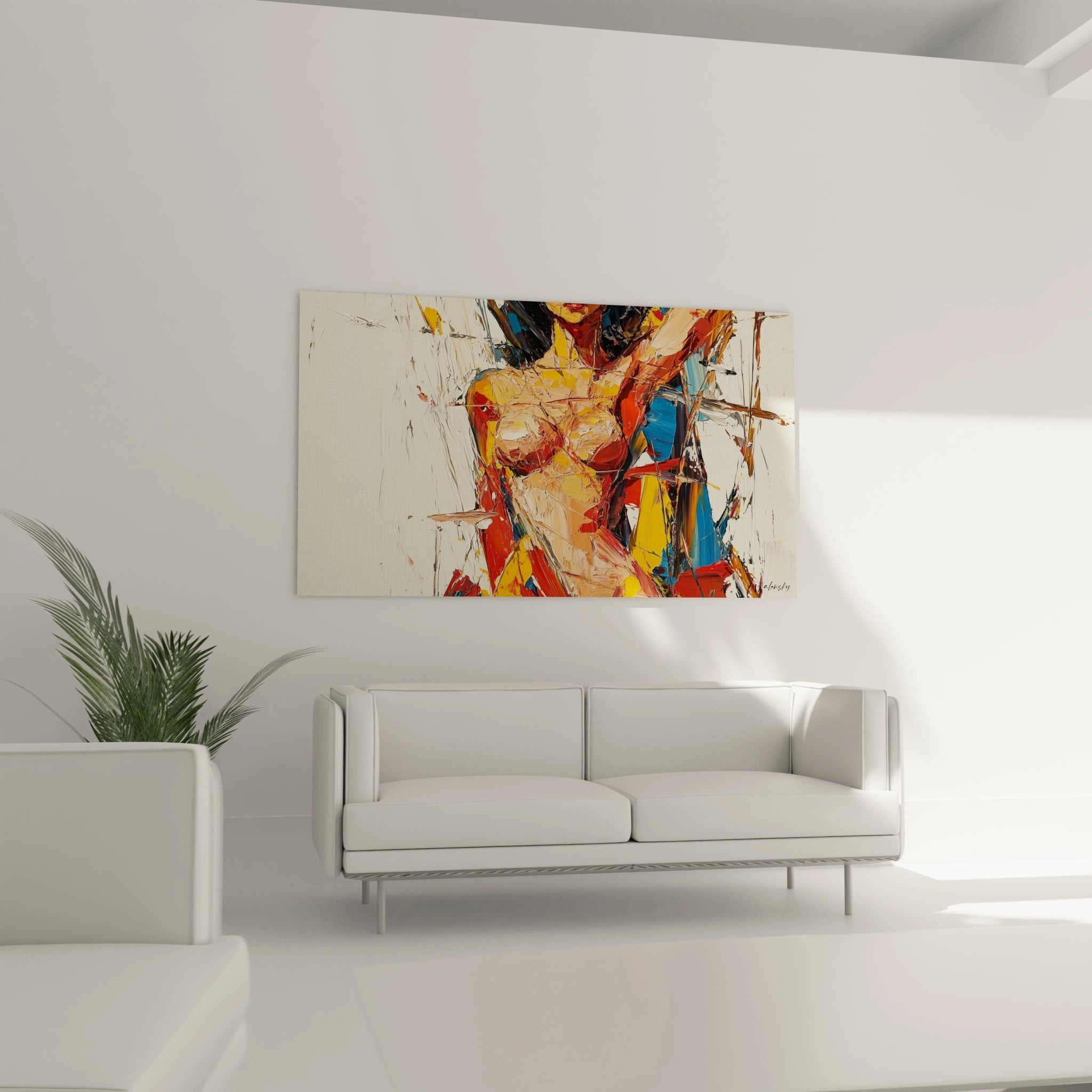 Une composition sensuelle abstraite, présentant des couleurs rouge profond, bleu et beige, avec des textures épaisses et des superpositions sur un fond neutre.