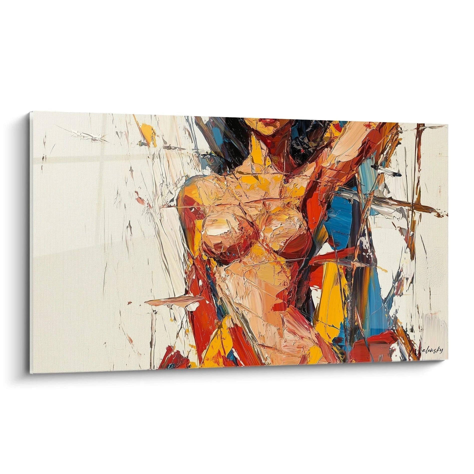 Un tableau sensuelle abstrait illustrant une silhouette féminine, avec des teintes rouge vif, jaune et bleu, des textures épaisses et des lignes irrégulières sur fond clair.