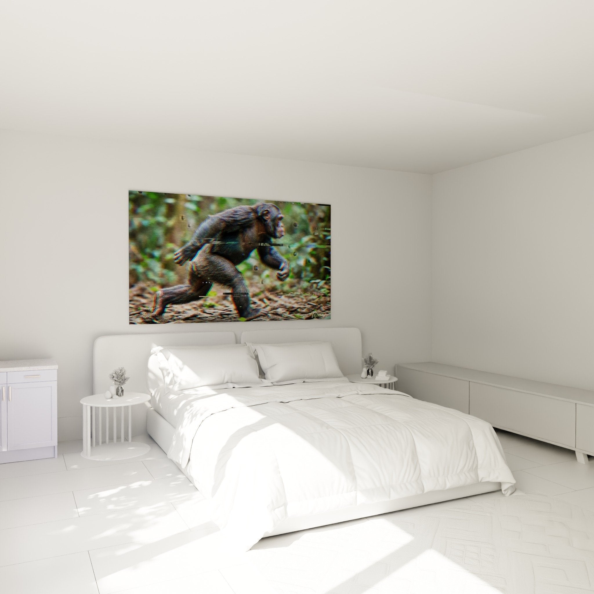 Tableau chimpanzé effet glitch coloré accroché au mur d'une chambre moderne avec déco contemporaine
