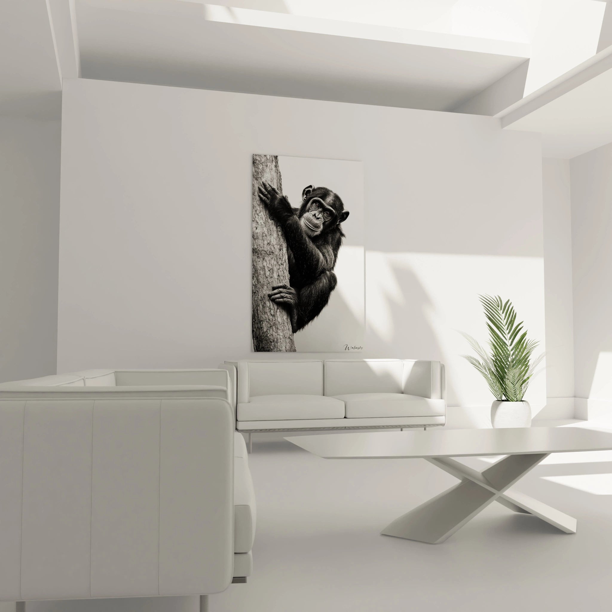 Un tableau artistique abstrait représentant un chimpanzé au regard perçant, photographié en gros plan contre un fond clair. Les textures précises du pelage noir et de la peau ridée autour des yeux contrastent avec la surface rugueuse de l'arbre.