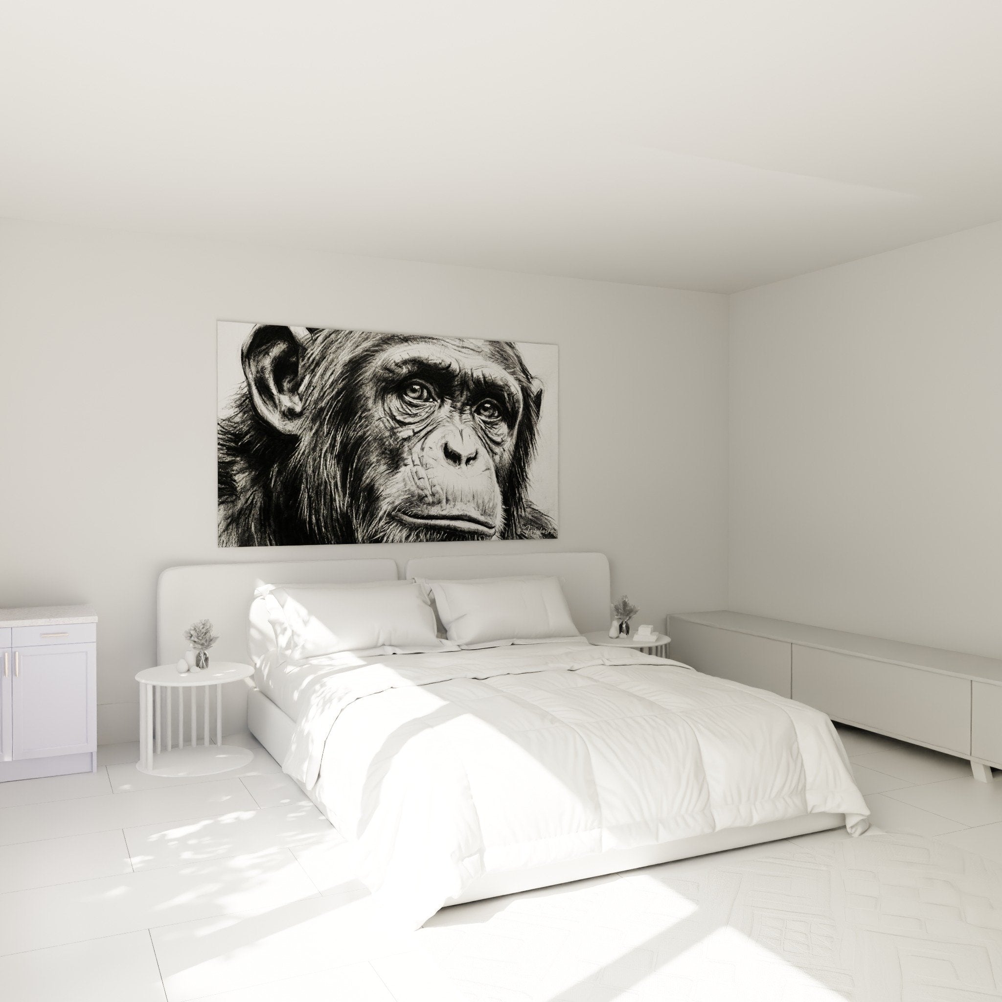 tableau chimpanze noir blanc chambre decoration murale portrait animalier