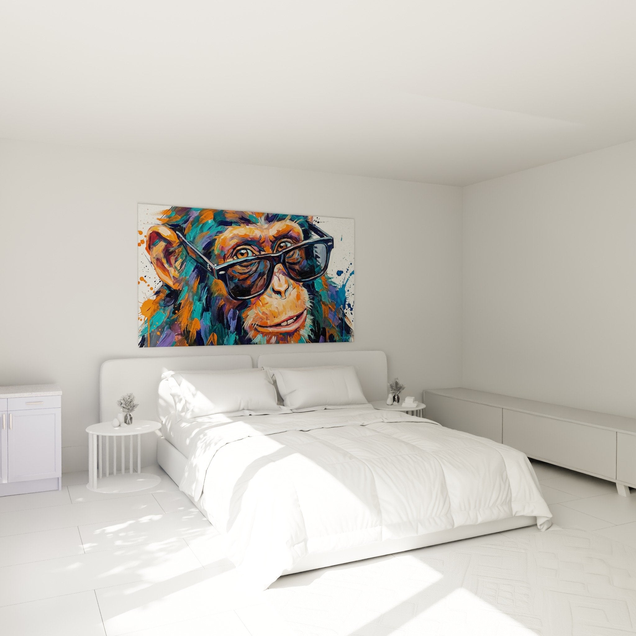 Pop-Art Schimpansen-Gemälde im modernen Schlafzimmer farbenfrohe Wanddekoration orange türkis zeitgenössische Atmosphäre