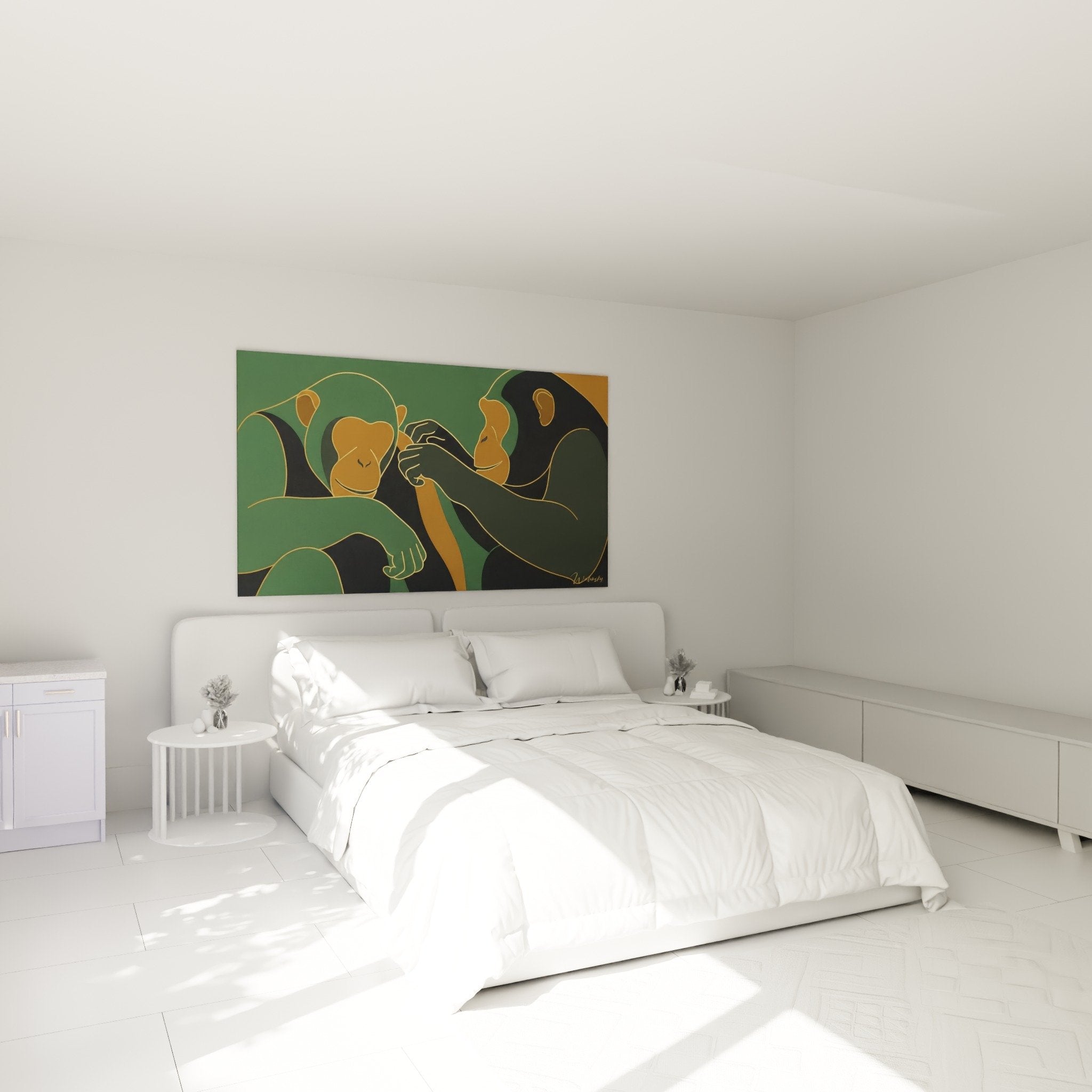 Tableau chimpanzés verts dorés dans chambre moderne décoration murale apaisante