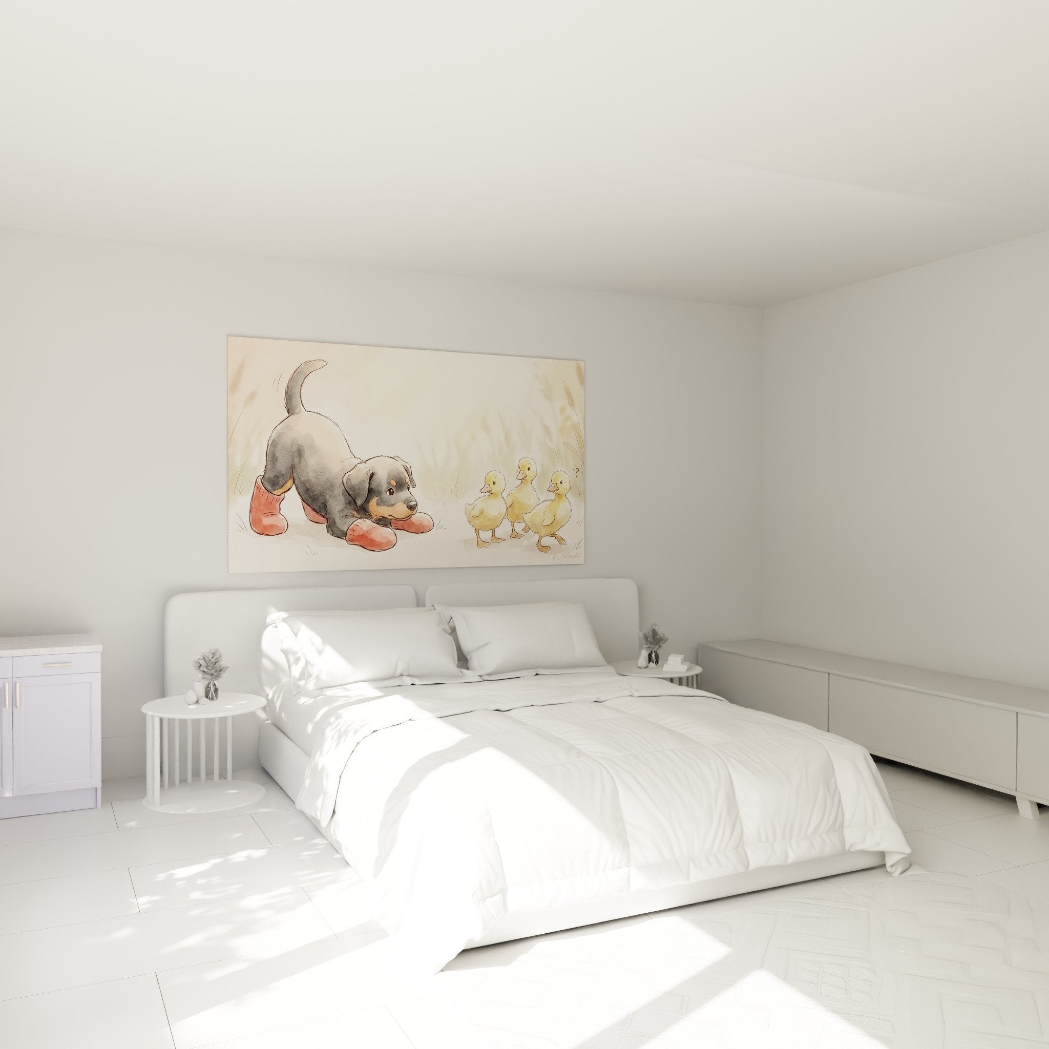 Puppy and ducklings wall art in soft ambiance bedroom with beige walls and light wood furniture