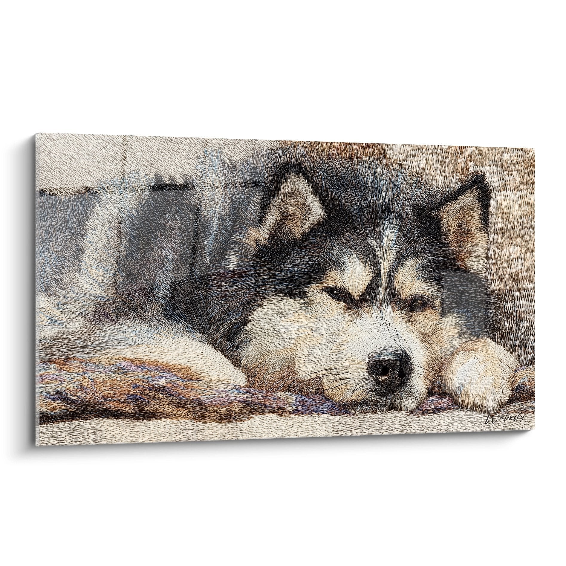 Gemälde schlafender Alaskan Malamute Welpe in Beige- und Brauntönen, ergreifende Tierkunst