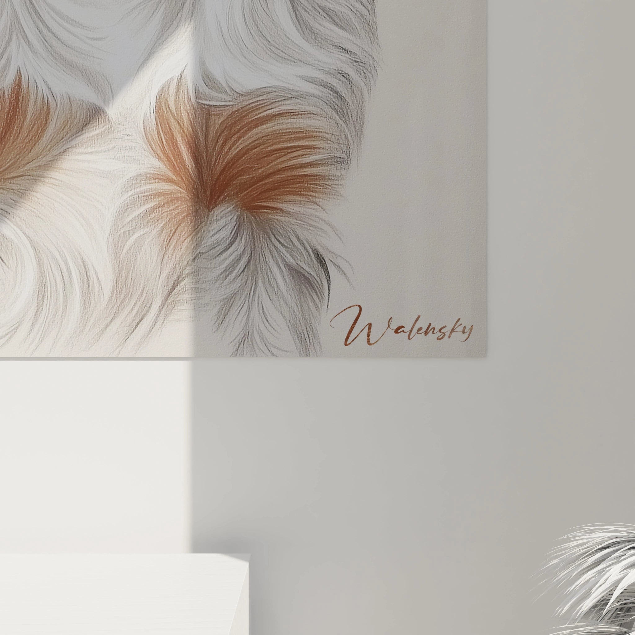 Un tableau chiot au regard direct, montrant un jeune chien tricolore avec un poitrail blanc, des oreilles noires et des sourcils marron. Les détails minutieux des poils et des moustaches offrent une texture vivante et naturelle.