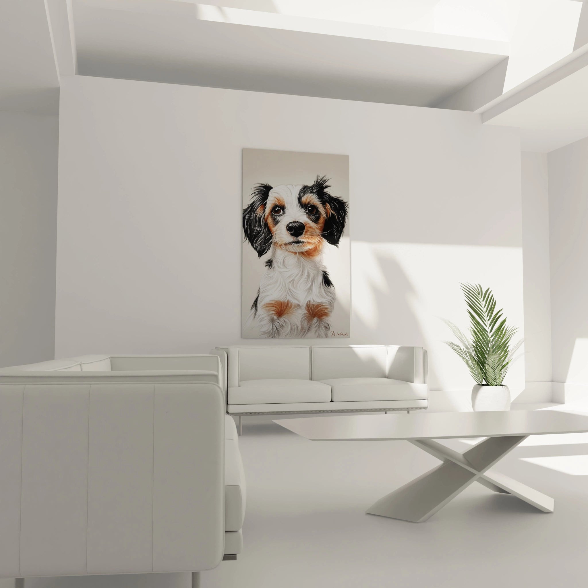 Un tableau chiot en gros plan facial, représentant un jeune chien aux longues oreilles noires et au pelage blanc avec des marques marron. Les textures variées du pelage créent un effet de profondeur et de réalisme.