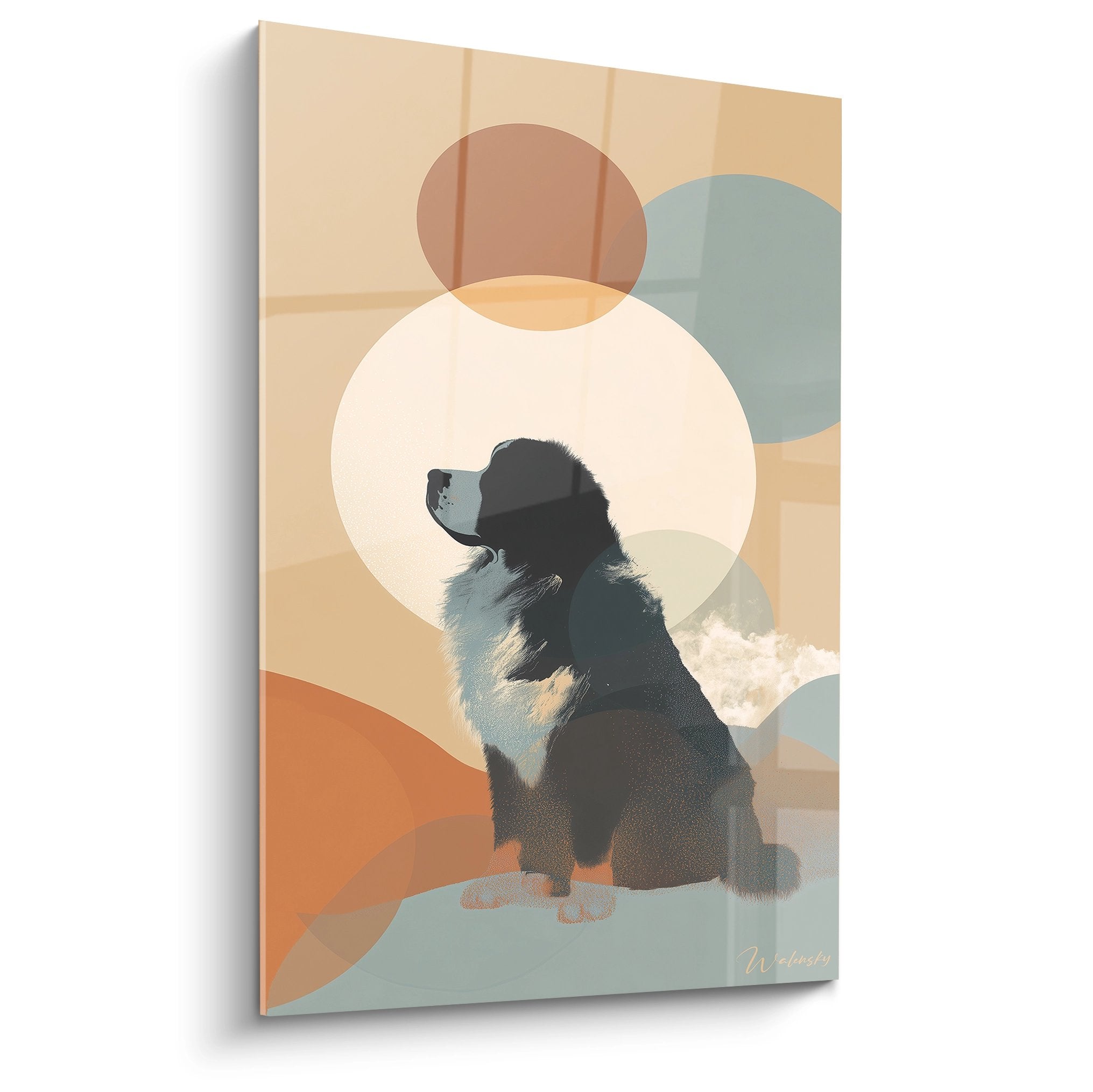 Tableau moderne chiot Saint Bernard assis formes geometriques circulaires tons beige vert sauge terracotta