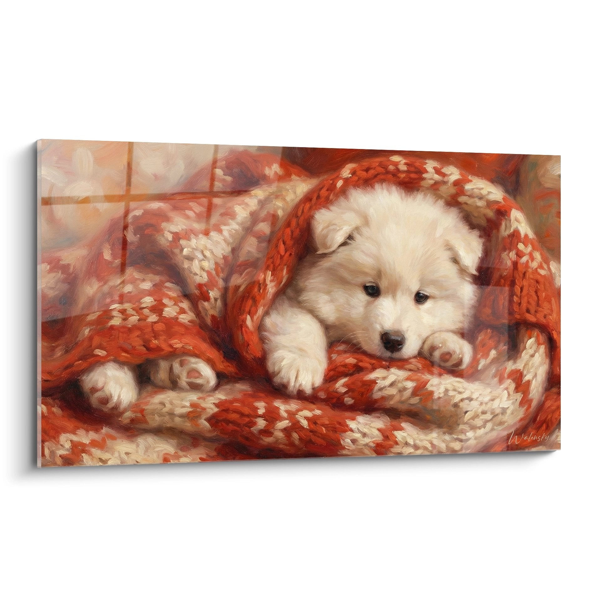 Tableau chiot samoyede blanc endormi couverture tricotee orange tons chauds peinture realiste art mural