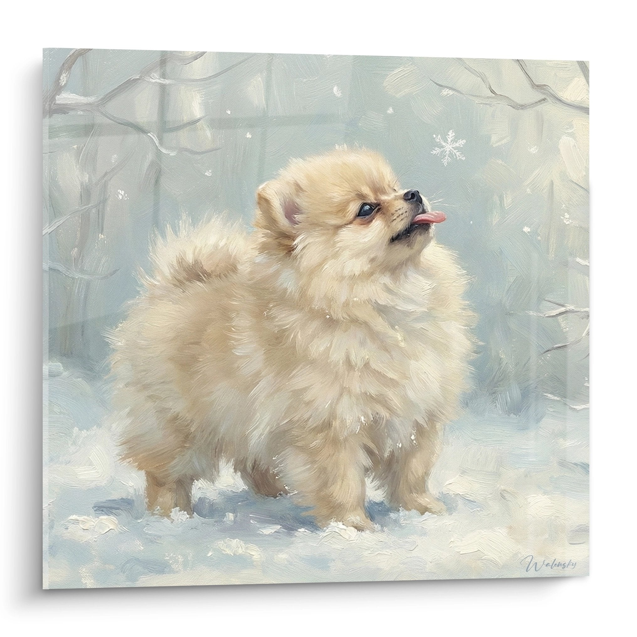 Tableau chiot Spitz Poméranien beige langue rose dans neige flocons blancs ambiance hivernale tendre