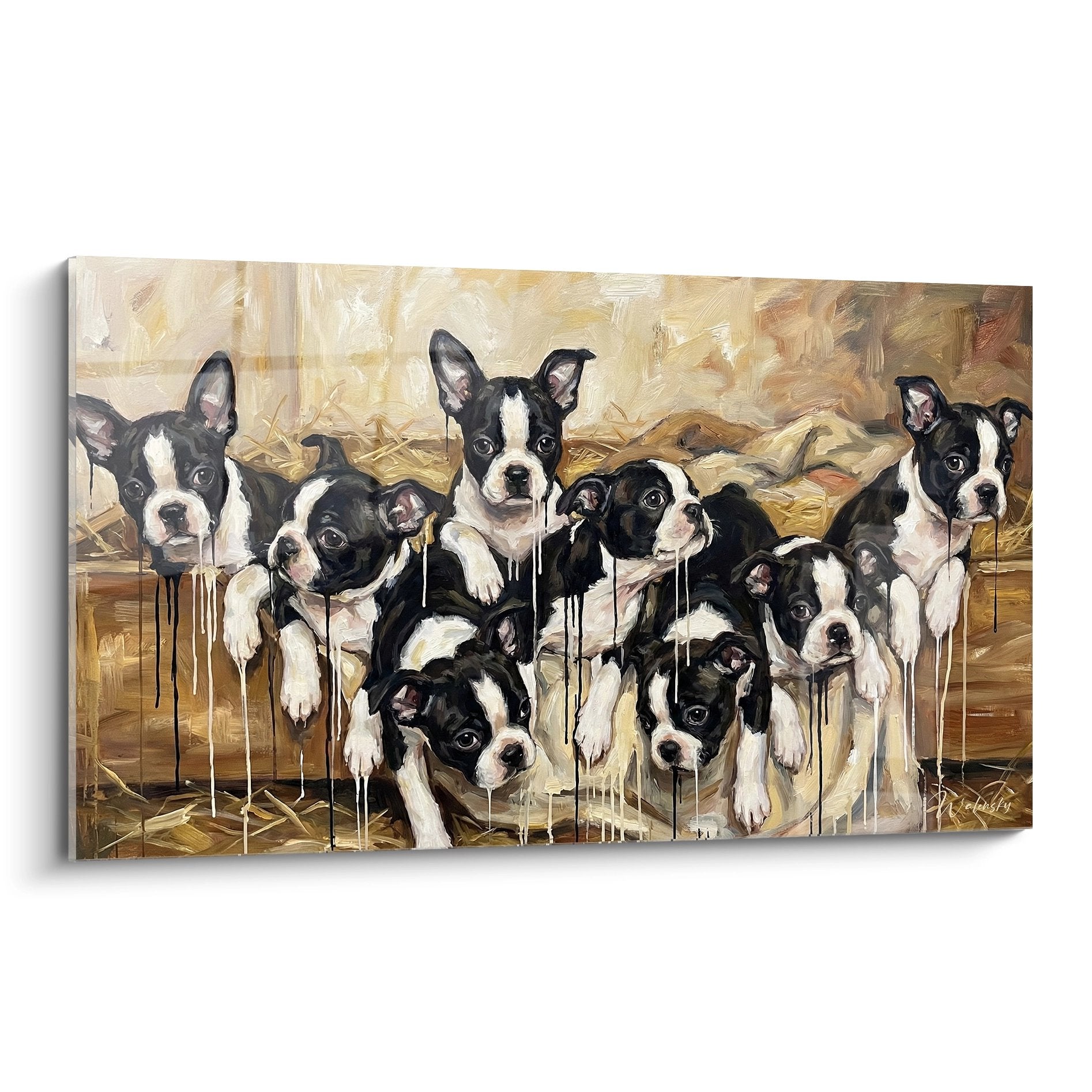 Tableau chiots Boston Terrier noir et blanc dans panier tons beiges dorés art mural chien