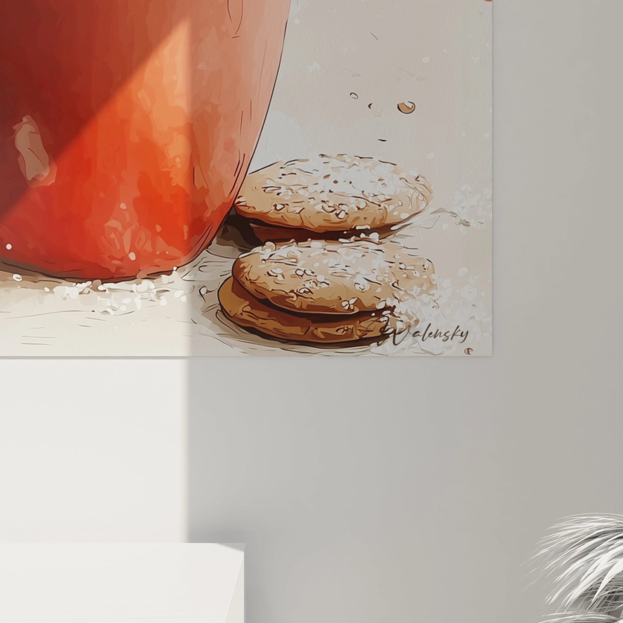 Tableau chocolat chaud cocon festif par Walensky avec une tasse rouge et des biscuits en arrière-plan