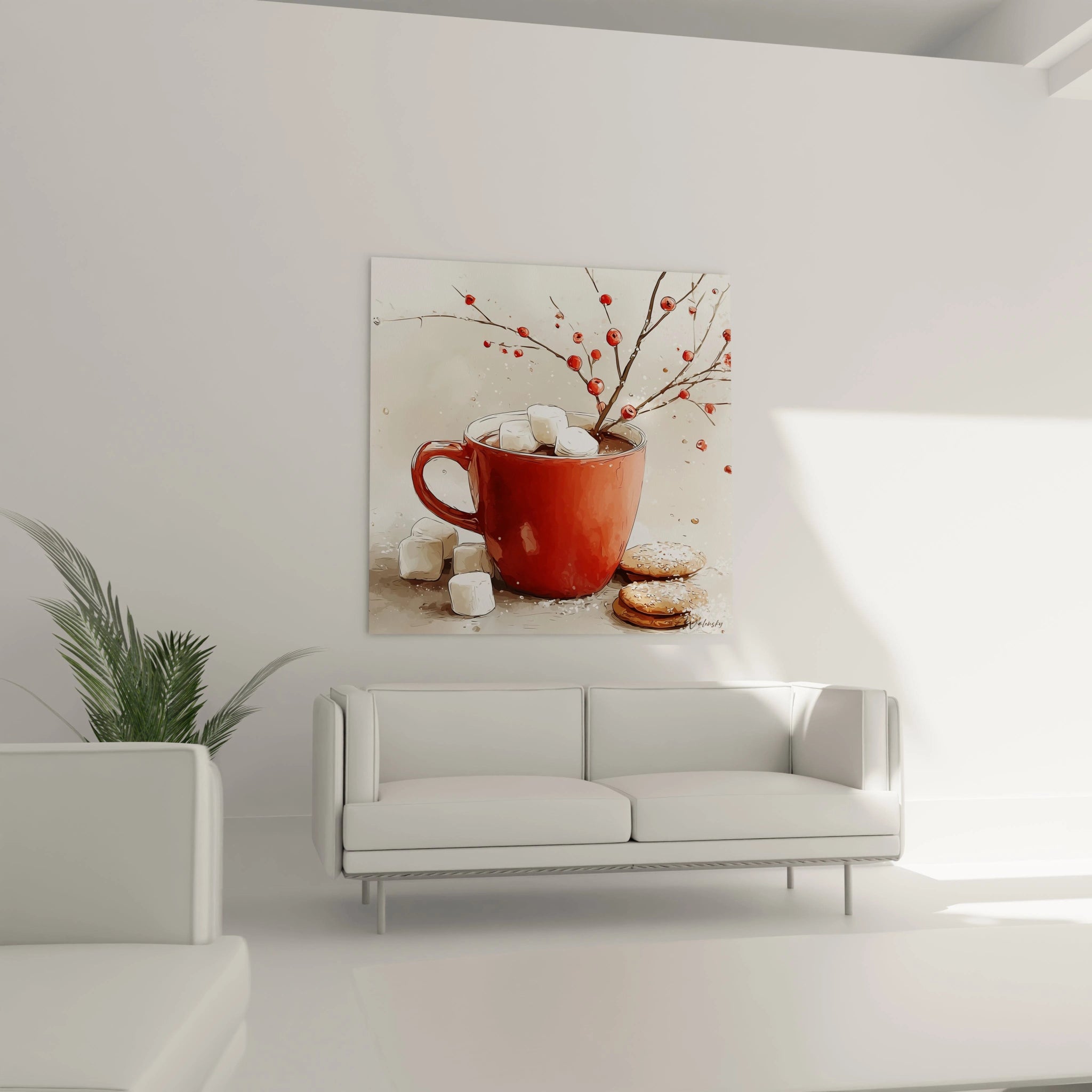 Tableau chocolat chaud cocon festif avec une tasse rouge et des guimauves sur fond clair