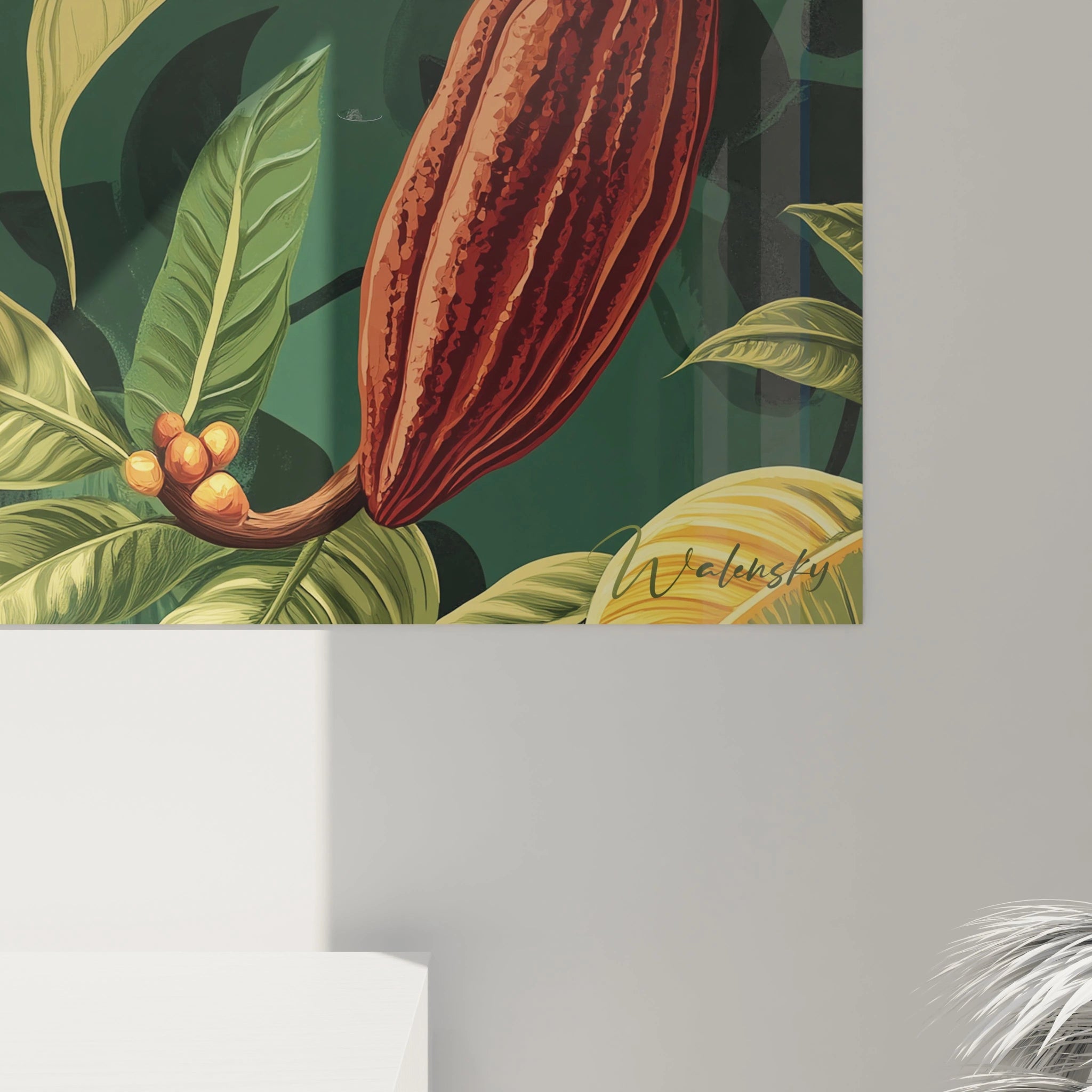 Un tableau chocolat illustrant une plantation de cacao avec des cabosses aux surfaces striées. Les couleurs dominantes sont le marron, le vert et le jaune, avec un jeu de lumière créant un effet de relief.