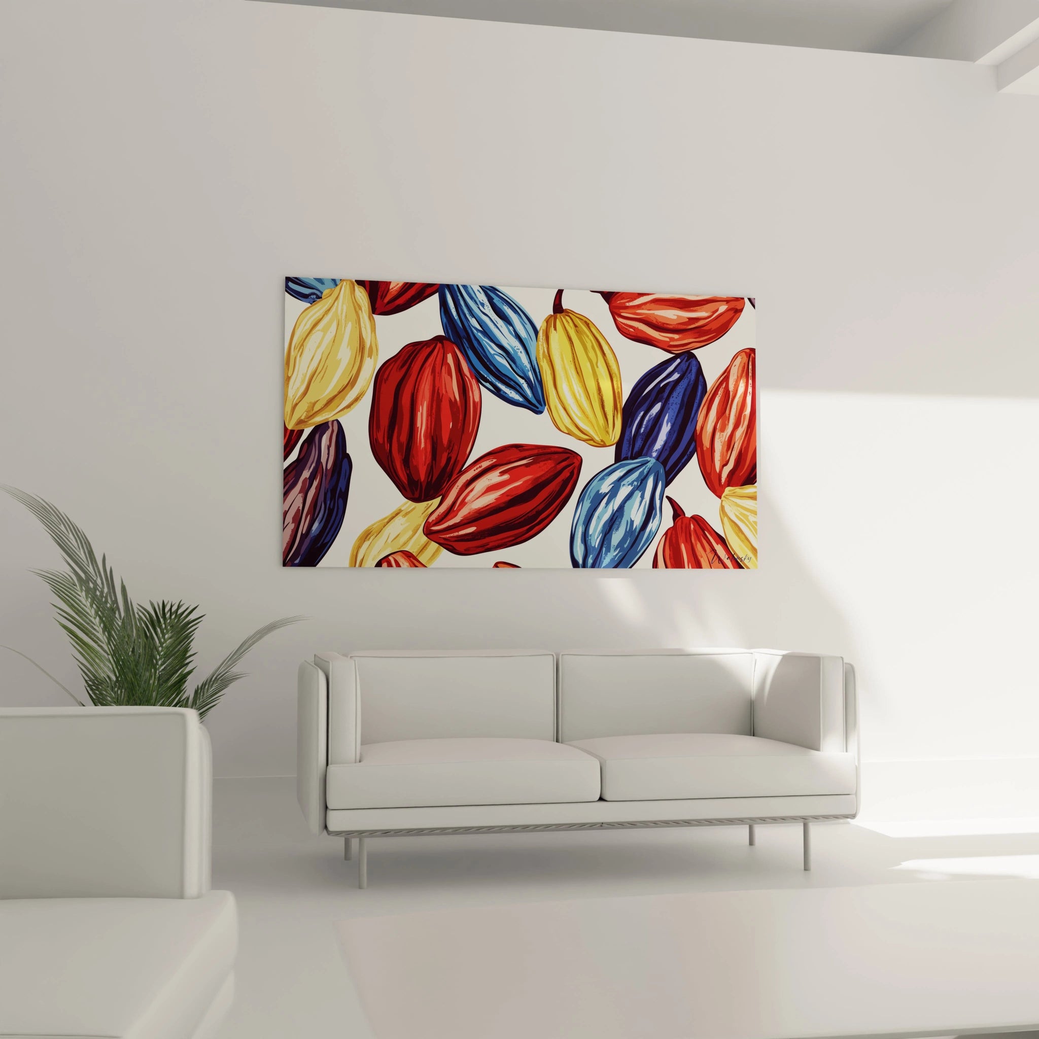 Un tableau chocolat illustrant des cabosses de cacao colorées en rouge, jaune et bleu marine, avec un effet de volume souligné par des ombres douces et des dégradés.