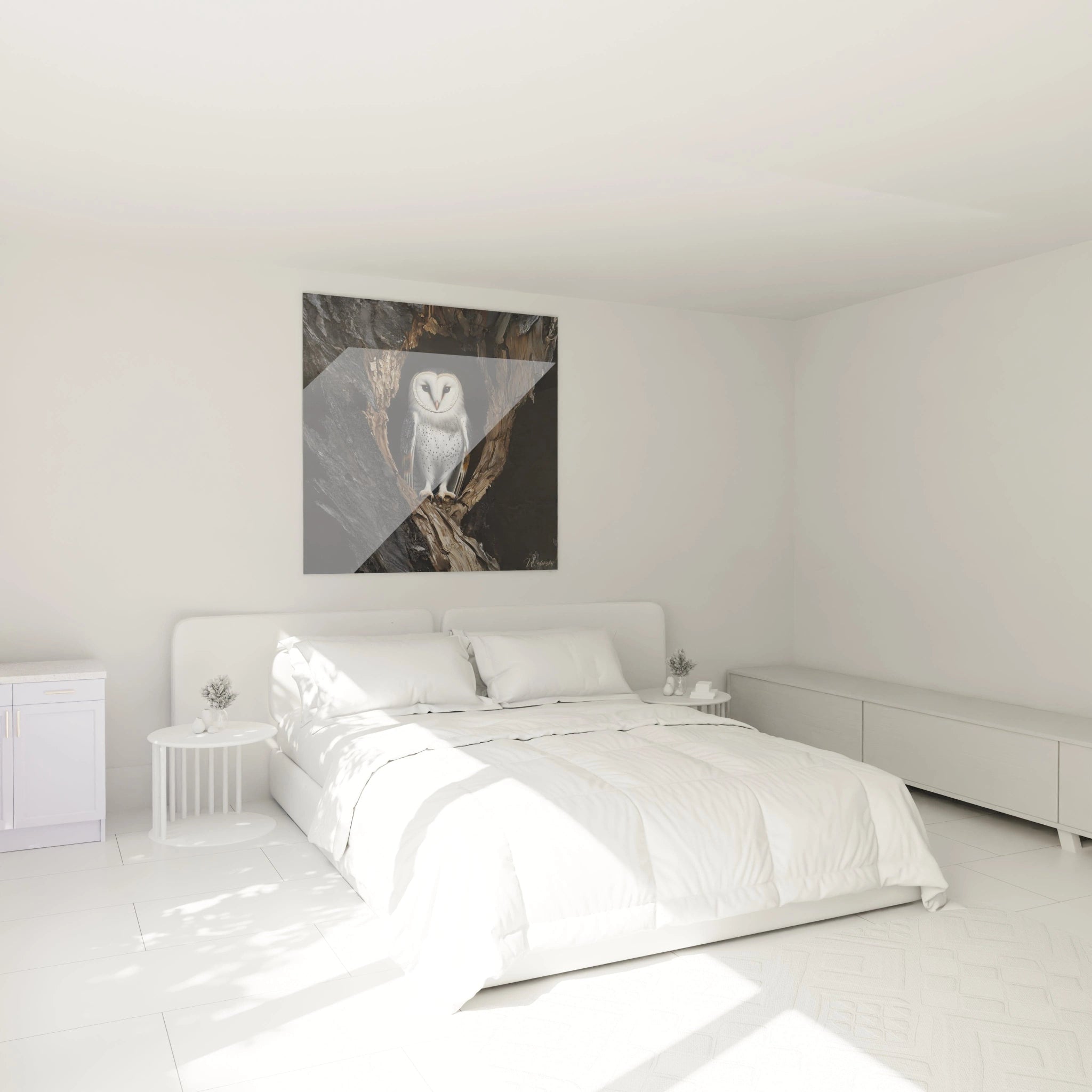 Tableau chouette de Walensky accroché au mur d'une chambre moderne avec lit blanc