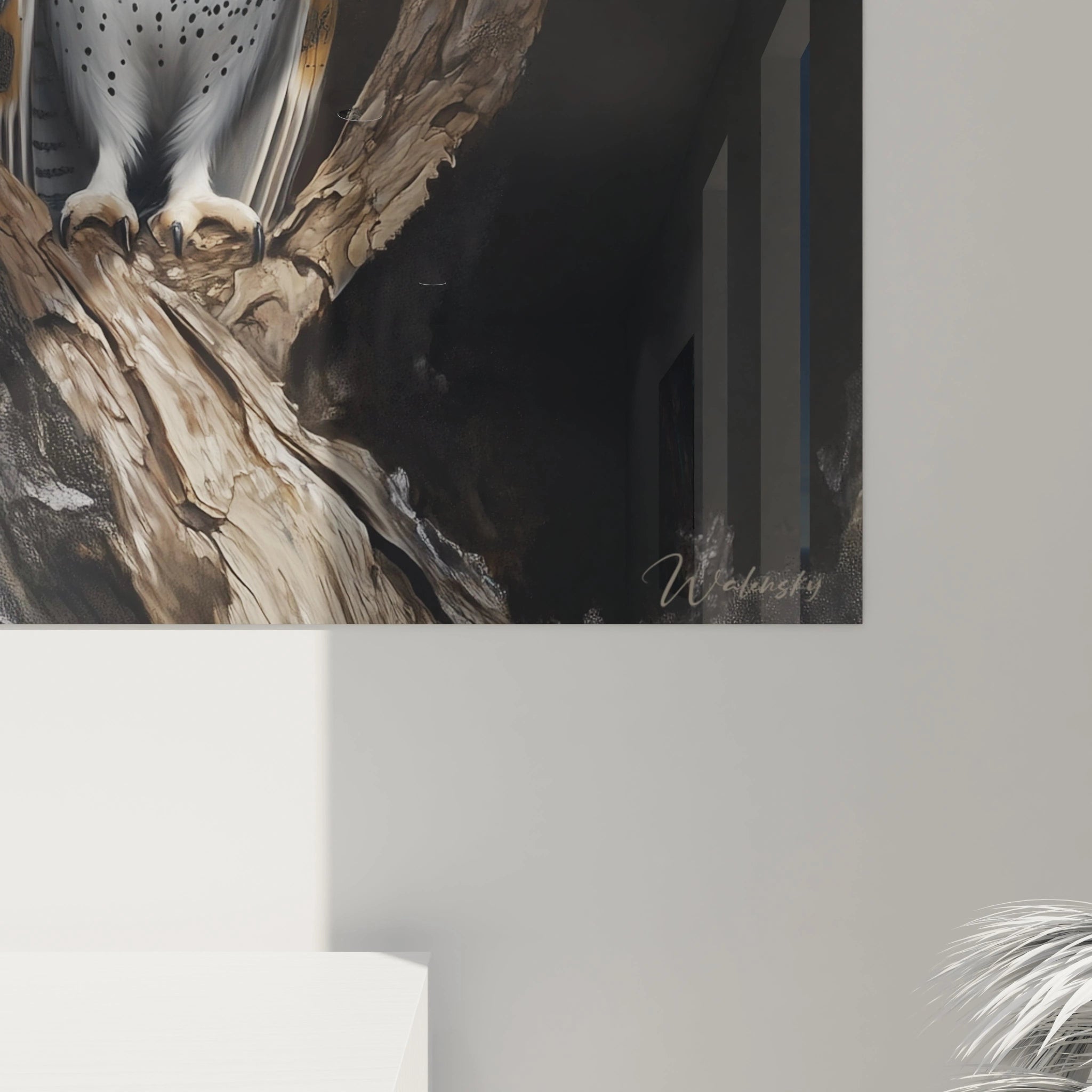 Tableau murale représentant une chouette perchée sur une branche, signé Walensky
