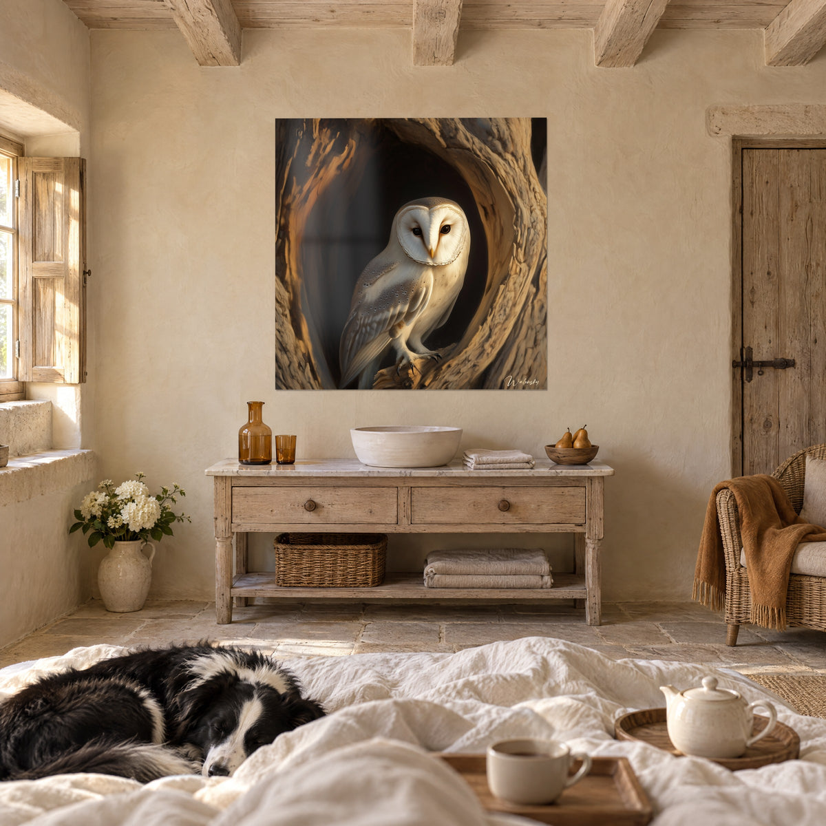Wall art night bird with ivory plumage speckled grey, golden-brown tree hollow, above a bed in a bright bedroom